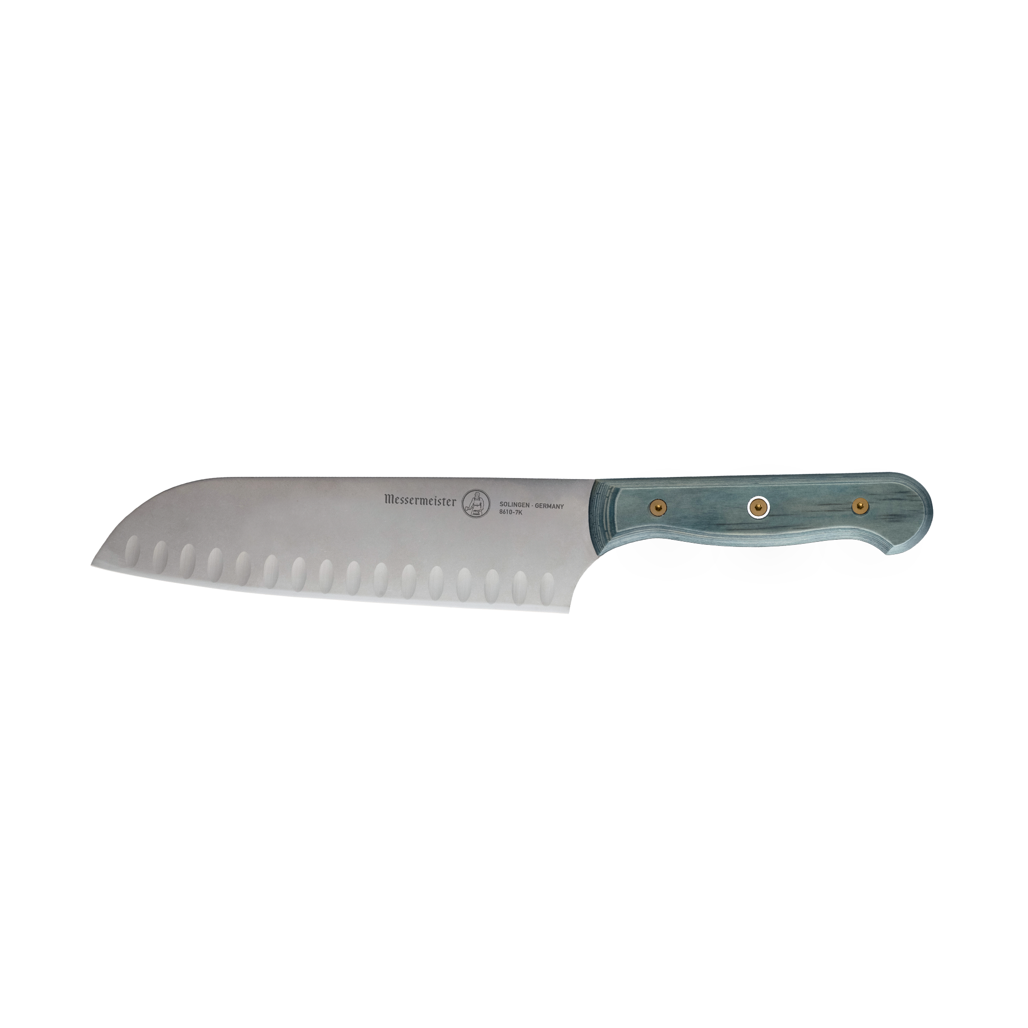 Side view of Messermeister Custom Blue 7-inch Kullens santoku knife with stainless steel blade and blue handle