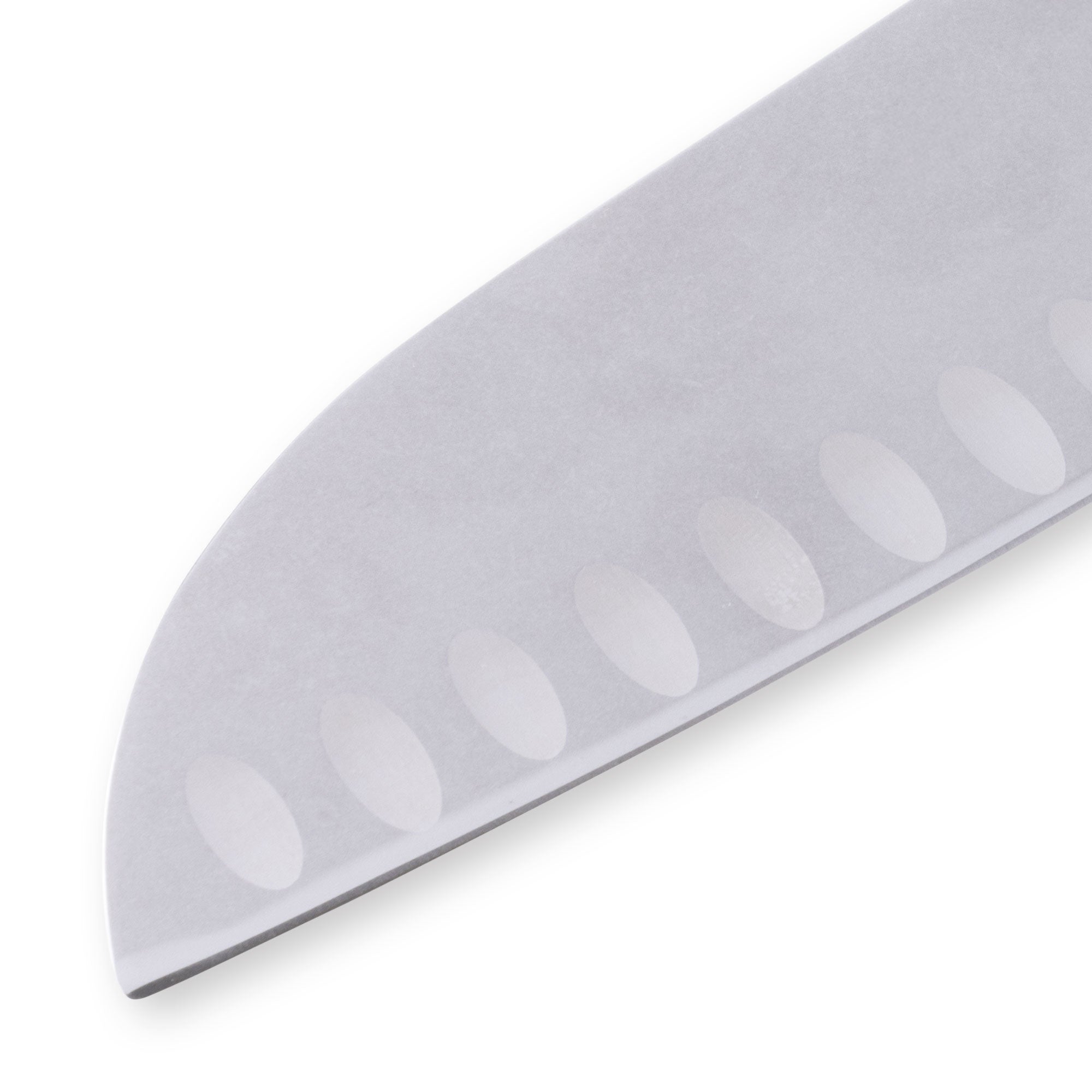 Close-up of Messermeister Custom Blue 7-inch santoku knife blade highlighting Kullens (granton) indentations and stainless steel finish