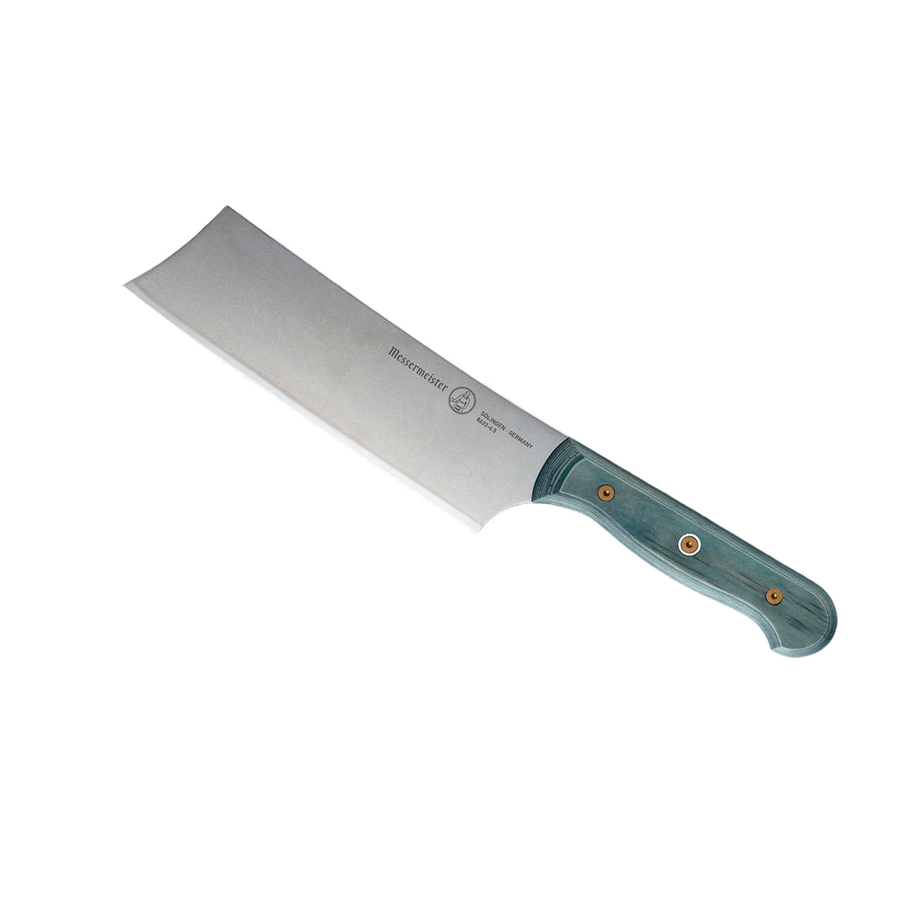 Angled-up view of Messermeister Custom Blue 6.5-inch nakiri knife showcasing flat stainless steel blade and ergonomic blue handle