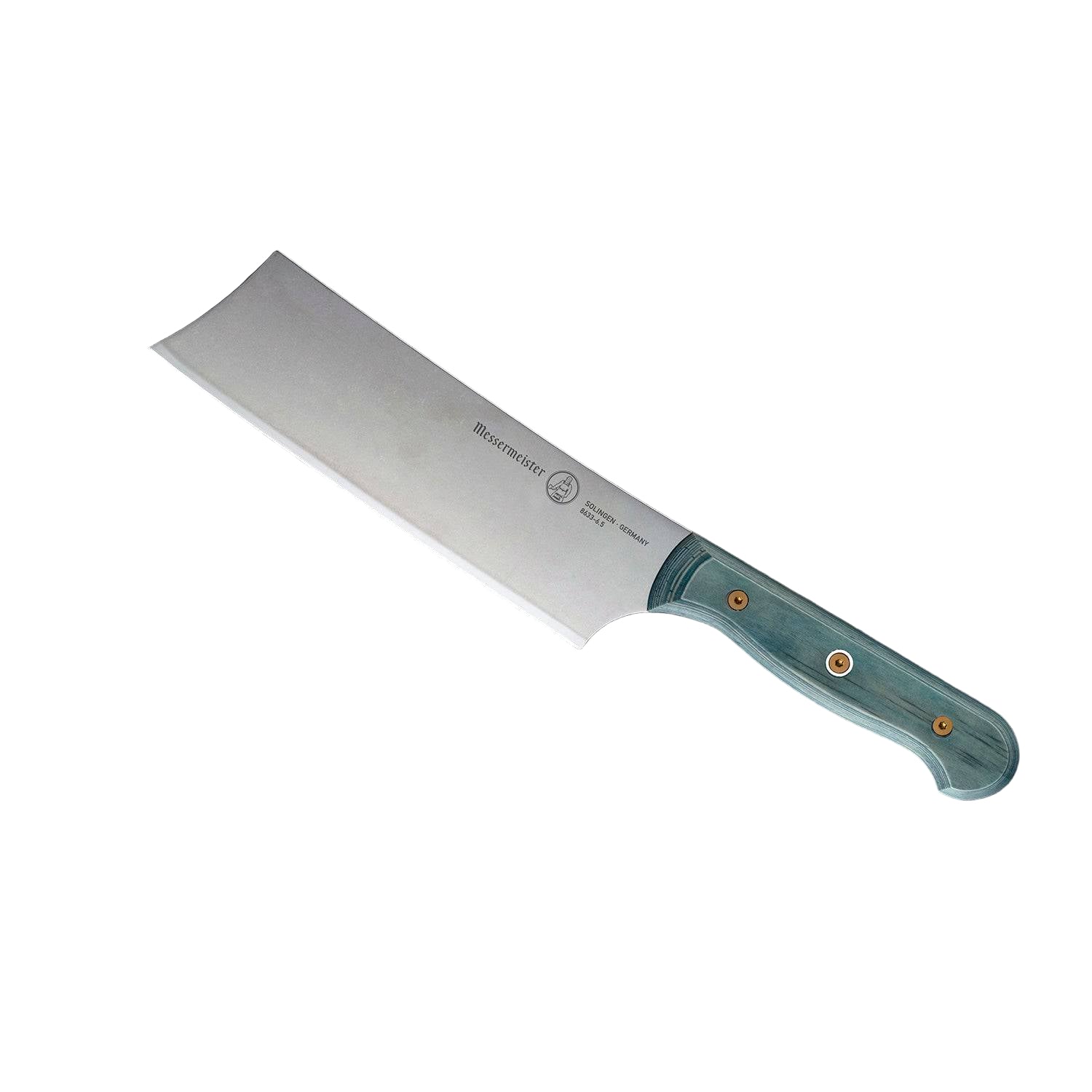 Angled-up view of Messermeister Custom Blue 6.5-inch nakiri knife showcasing flat stainless steel blade and ergonomic blue handle