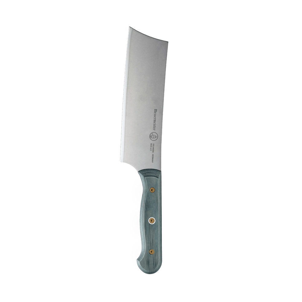Messermeister Custom Blue 6.5-inch nakiri knife with flat rectangular stainless steel blade and ergonomic blue handle