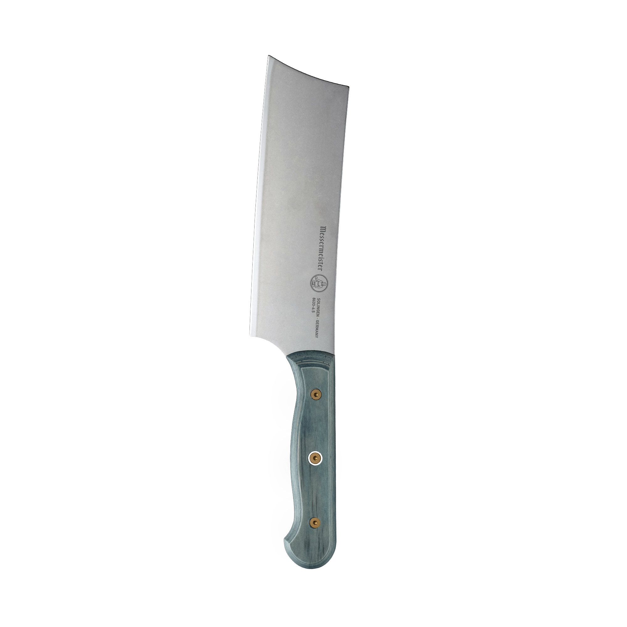 Messermeister Custom Blue 6.5-inch nakiri knife with flat rectangular stainless steel blade and ergonomic blue handle