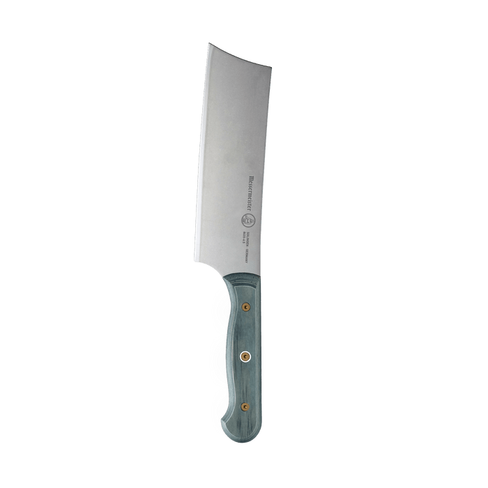 Messermeister Custom Blue 6.5-inch nakiri knife with flat rectangular stainless steel blade and ergonomic blue handle