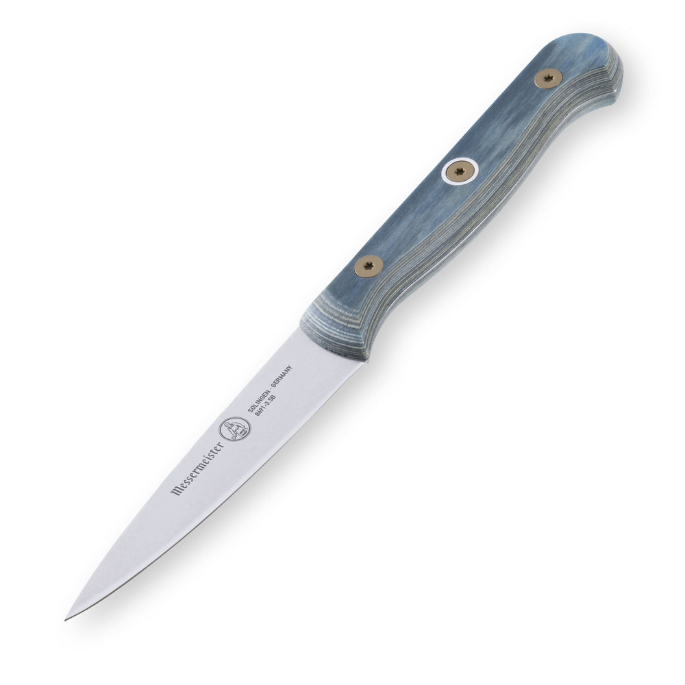 Angled-down view of Messermeister Custom Blue 3.5-inch paring knife showcasing precision stainless steel blade and ergonomic blue textured handle