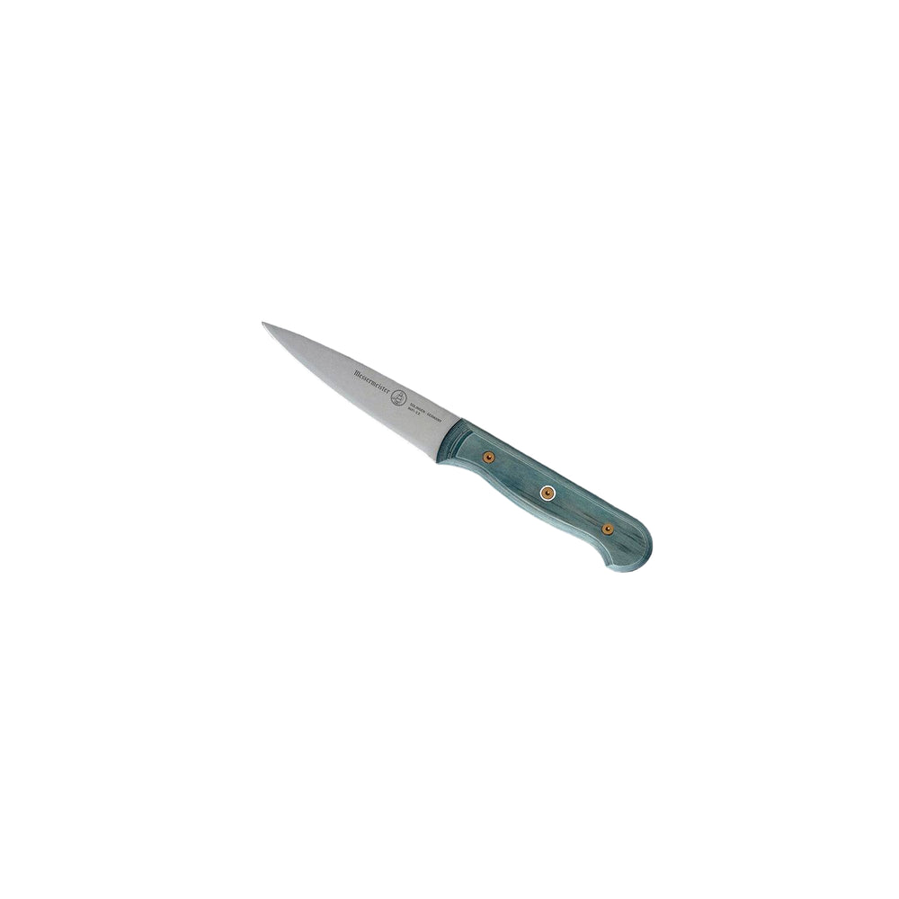 Angled-up full view of Messermeister Custom Blue 3.5-inch paring knife showcasing precision stainless steel blade and ergonomic blue textured handle