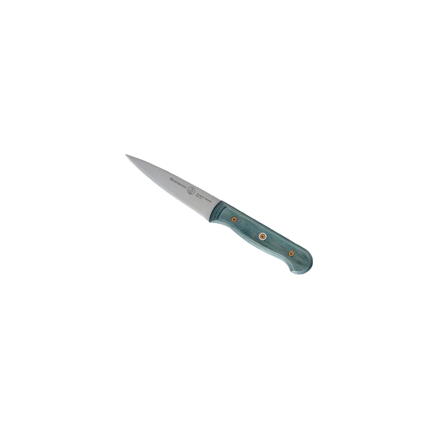 Angled-up full view of Messermeister Custom Blue 3.5-inch paring knife showcasing precision stainless steel blade and ergonomic blue textured handle