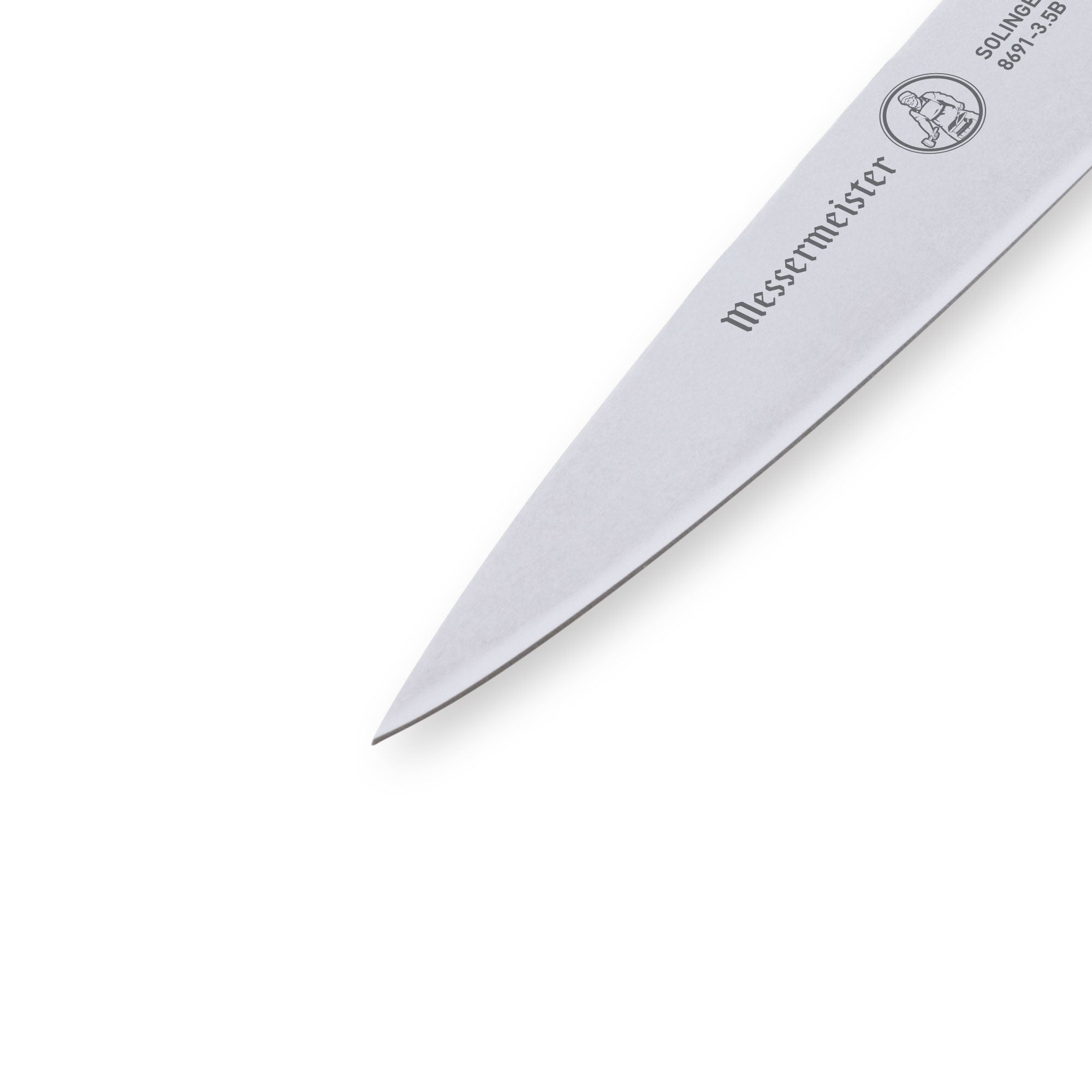 Close-up of Messermeister Custom Blue 3.5-inch paring knife tip highlighting sharp stainless steel cutting edge and precision point