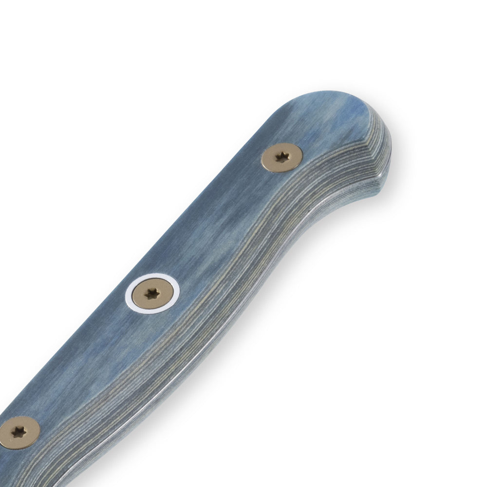 Close-up of Messermeister Custom Blue 3.5-inch paring knife handle highlighting ergonomic blue textured grip and secure hold