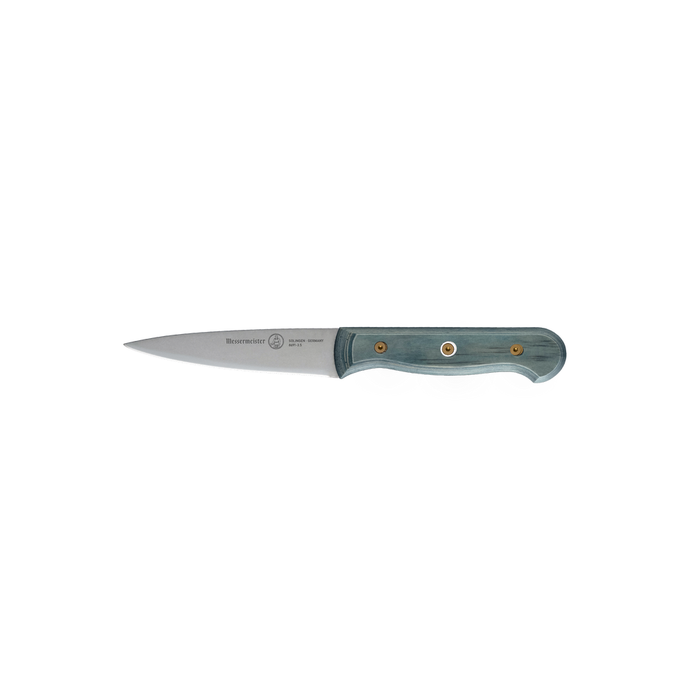 Side view of Messermeister Custom Blue 3.5-inch paring knife showcasing precision stainless steel blade and ergonomic blue textured handle