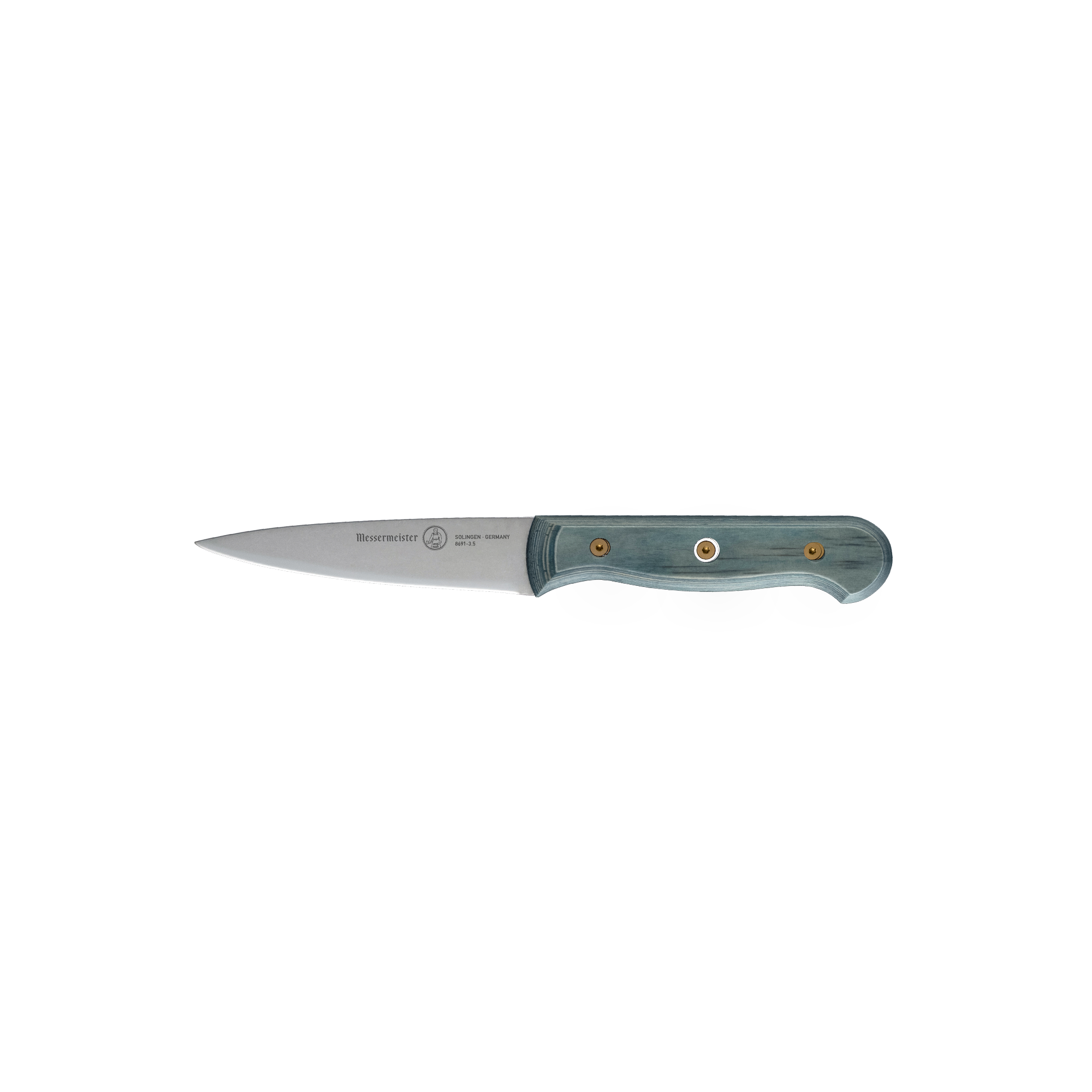 Side view of Messermeister Custom Blue 3.5-inch paring knife showcasing precision stainless steel blade and ergonomic blue textured handle