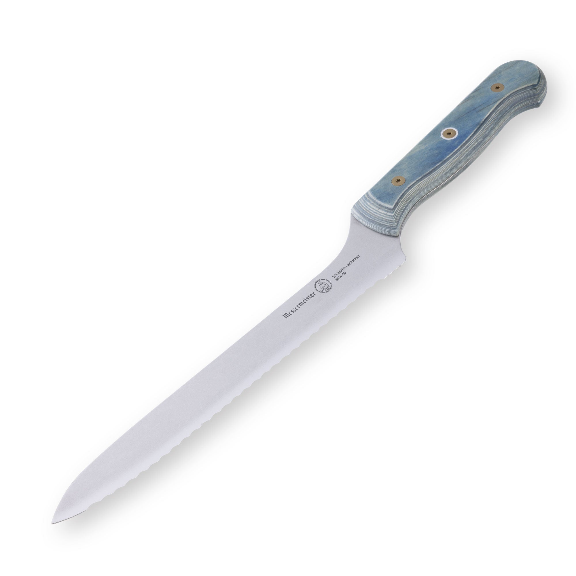 Angled-down view of Messermeister Custom Blue 8-inch scalloped offset knife with serrated stainless steel blade and blue handle