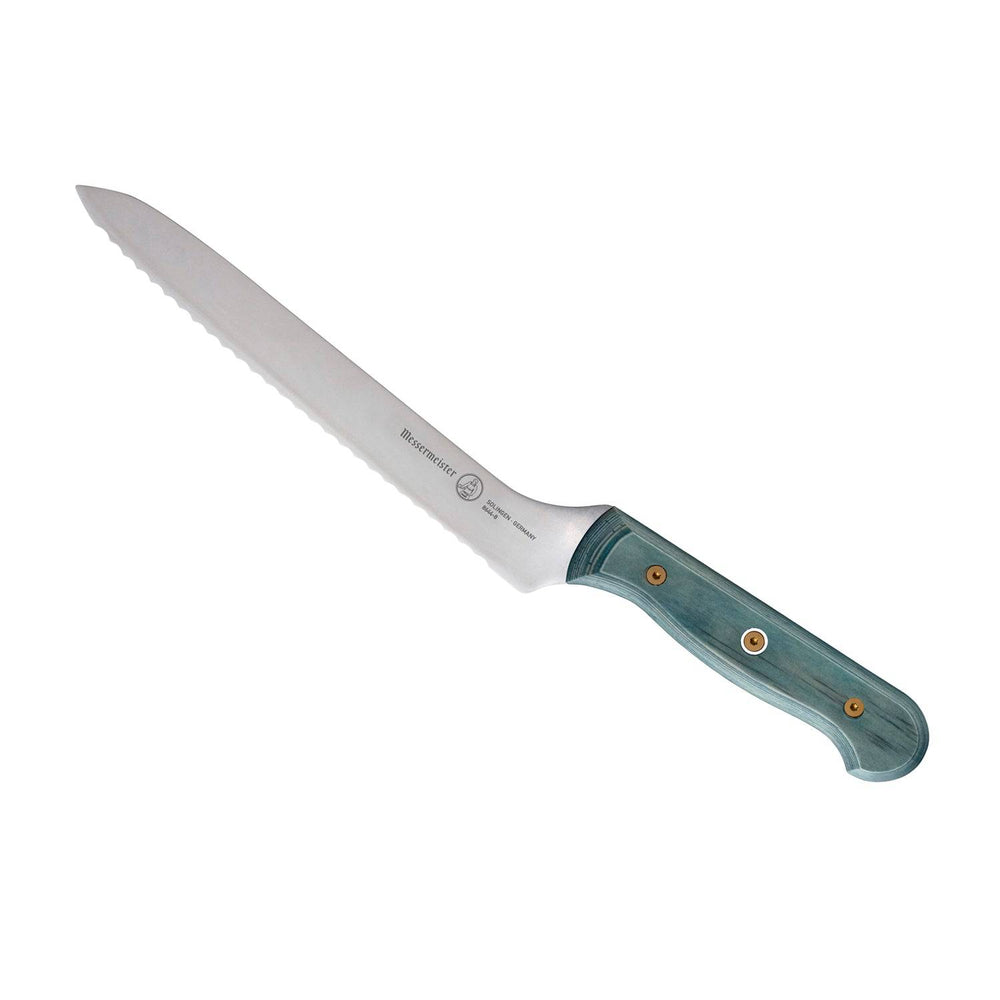 Messermeister Custom Blue 8-inch offset knife shown at an upward angle with blue textured handle and serrated blade