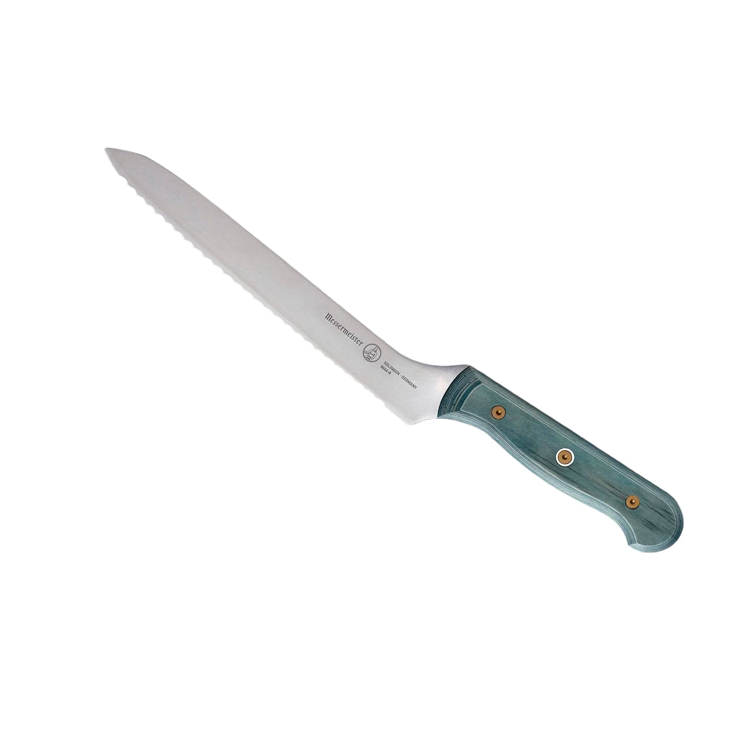 Angled-up view of Messermeister Custom Blue 8-inch scalloped offset knife showcasing scalloped serrated blade and ergonomic blue handle