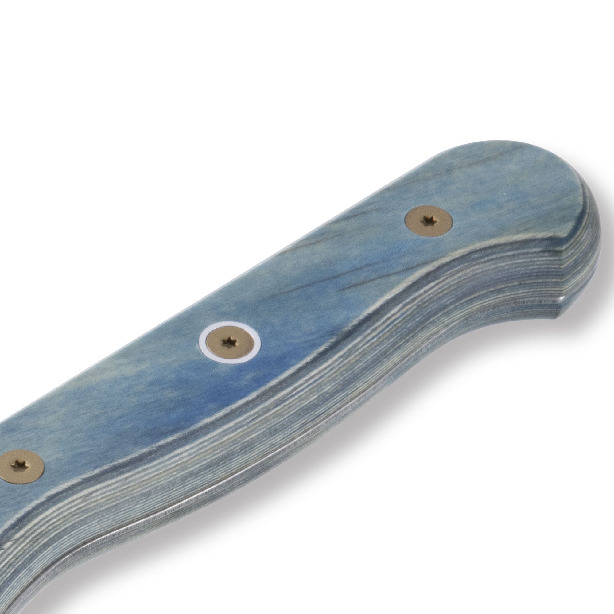 Detail view of Messermeister Custom Blue 8-inch offset knife handle showing blue textured surface and secure grip design