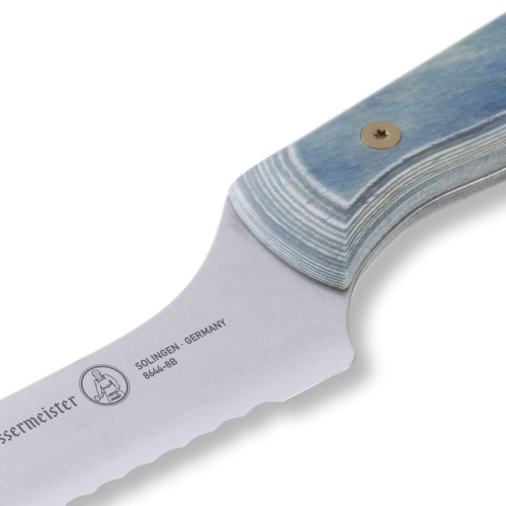 Detail view of Messermeister Custom Blue 8-inch offset knife heel with stainless steel blade and scalloped serrations