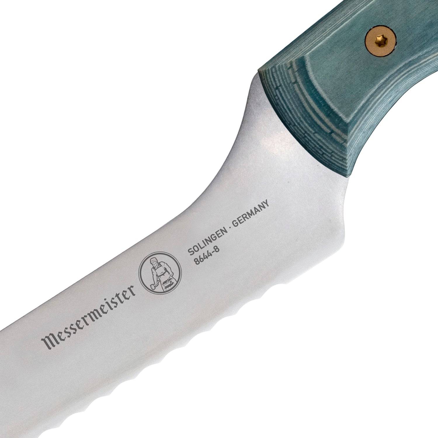 Close-up of Messermeister logo on Custom Blue 8-inch scalloped offset knife blade