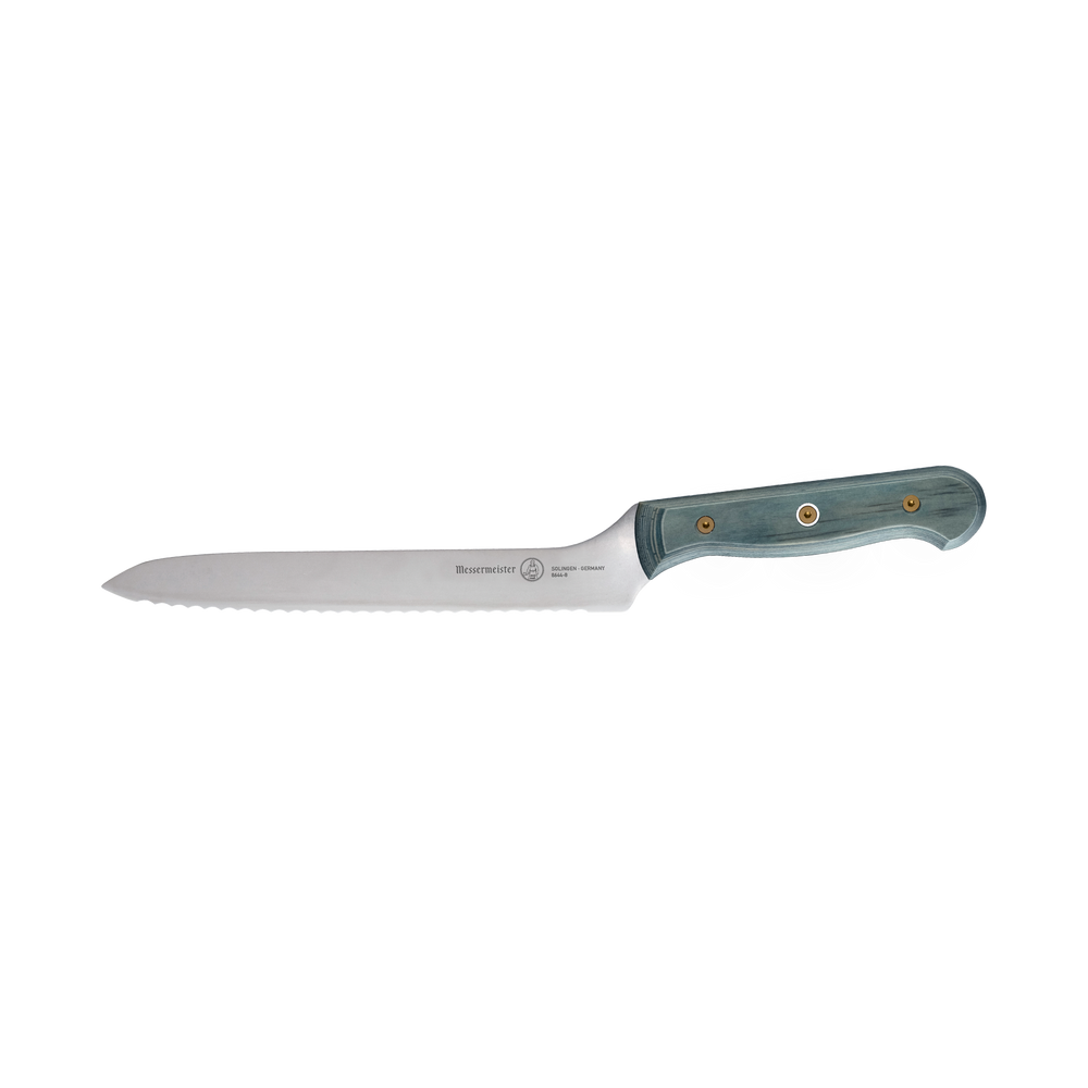 Messermeister Custom Blue 8-inch offset knife shown in side profile with blue textured handle and serrated blade