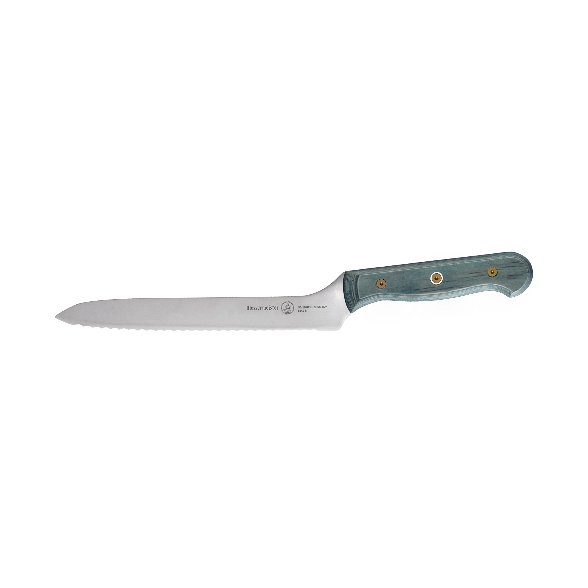 Messermeister Custom Blue 8-inch offset knife shown in side profile with blue textured handle and serrated blade