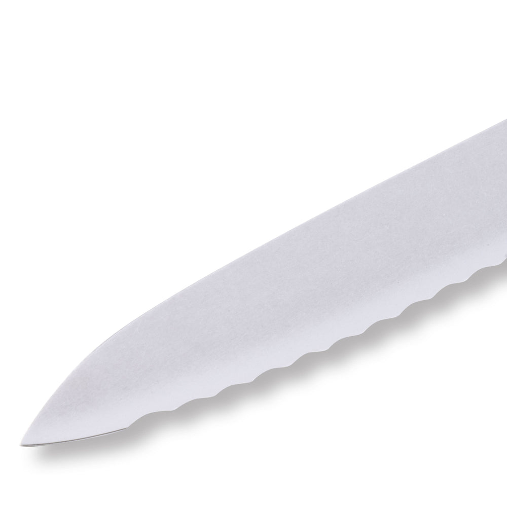 Close-up of Messermeister Custom Blue 8-inch scalloped offset knife tip highlighting scalloped serrated edge and stainless steel blade