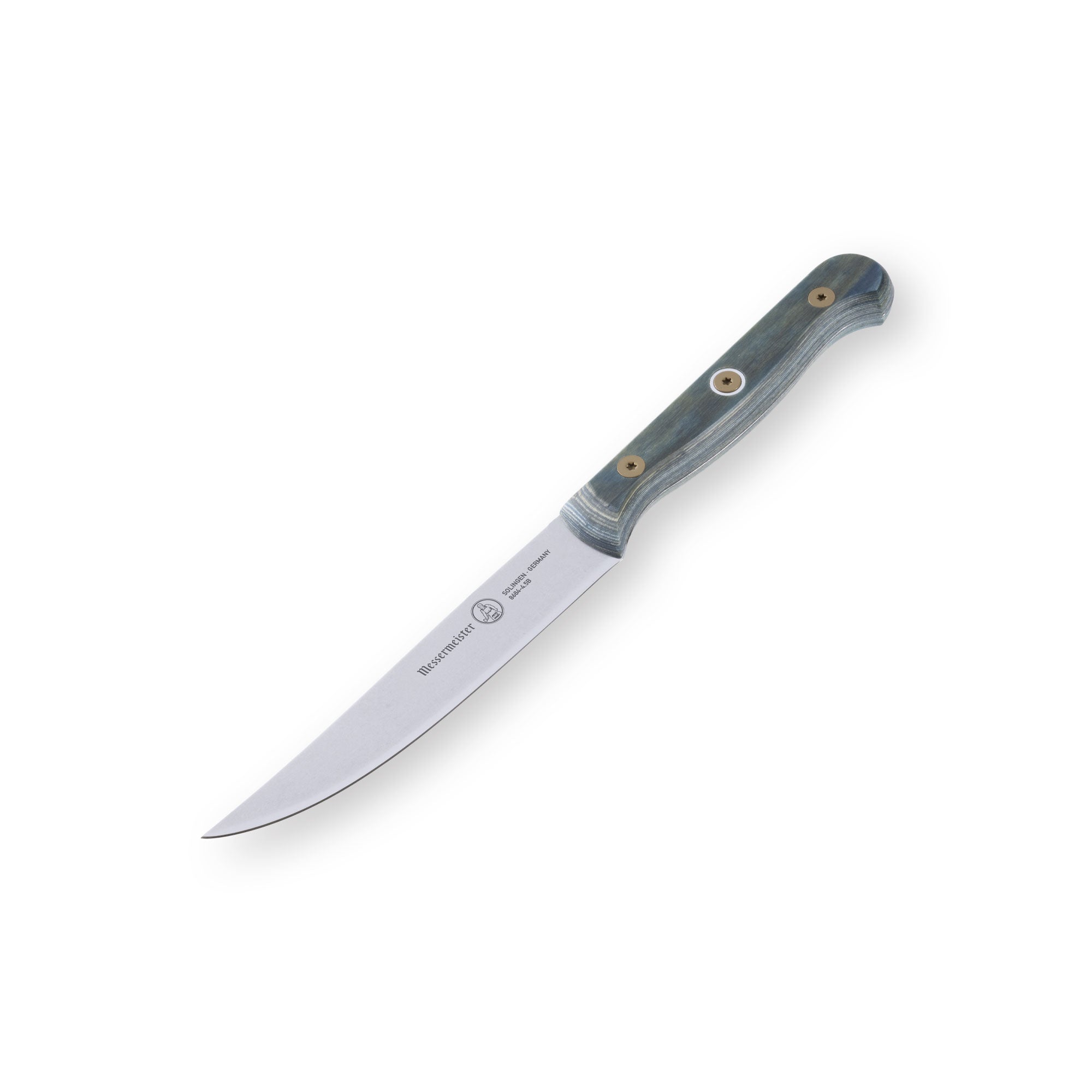 Angled downward view of the Messermeister Custom Blue 4 Piece Steak Knife Set showcasing four 5-inch stainless steel steak knives with vibrant custom blue handles, precision straight-edge blades, and full-tang construction arranged to emphasize the elegant profile and premium craftsmanship.