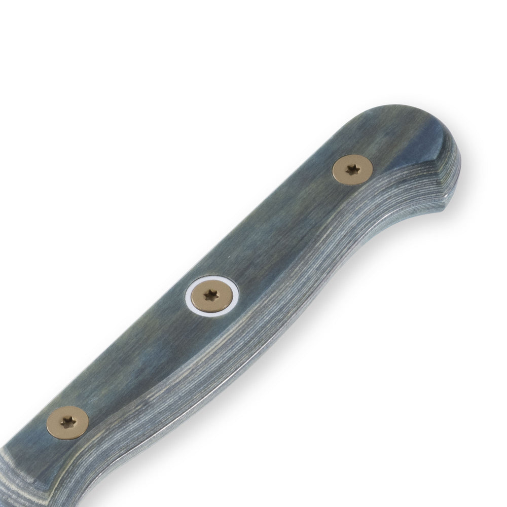 Close-up detail of the Messermeister Custom Blue steak knife handle, showcasing the rich blue textured scales, smooth ergonomic contour, polished rivets, and stainless steel spine with premium craftsmanship and modern styling