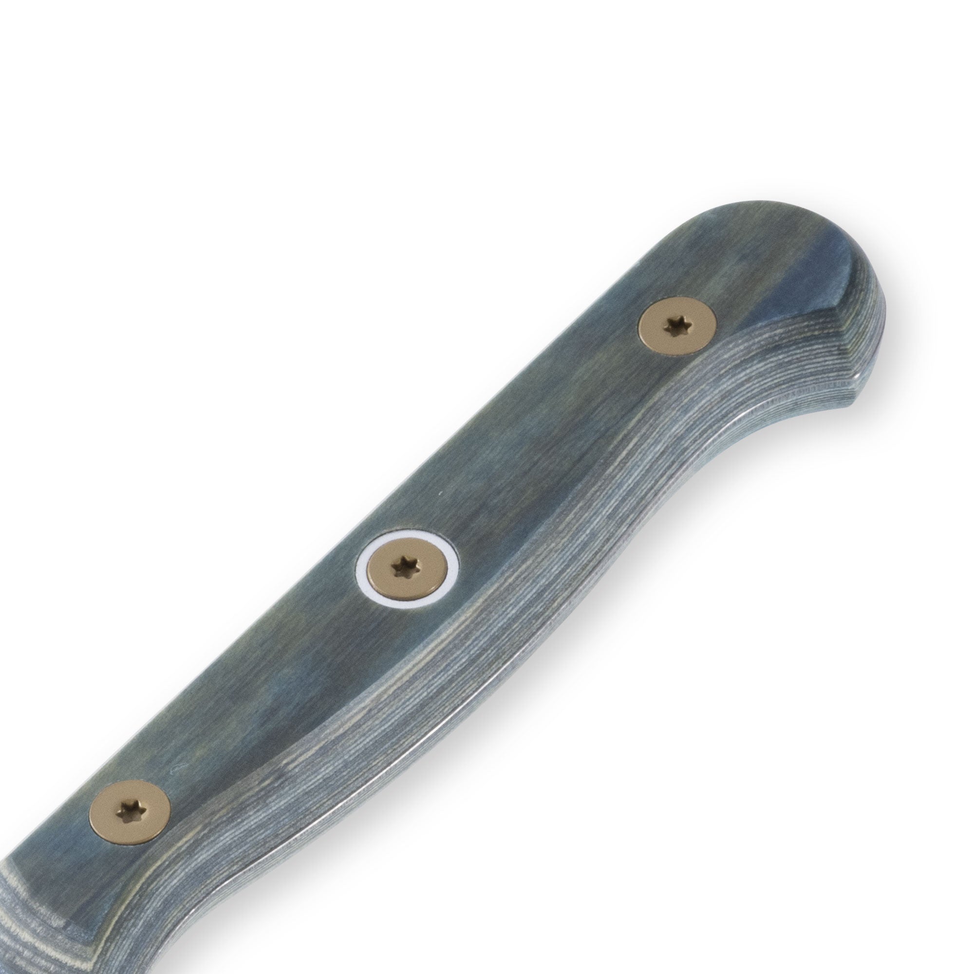 Close-up detail of the Messermeister Custom Blue steak knife handle, showcasing the rich blue textured scales, smooth ergonomic contour, polished rivets, and stainless steel spine with premium craftsmanship and modern styling