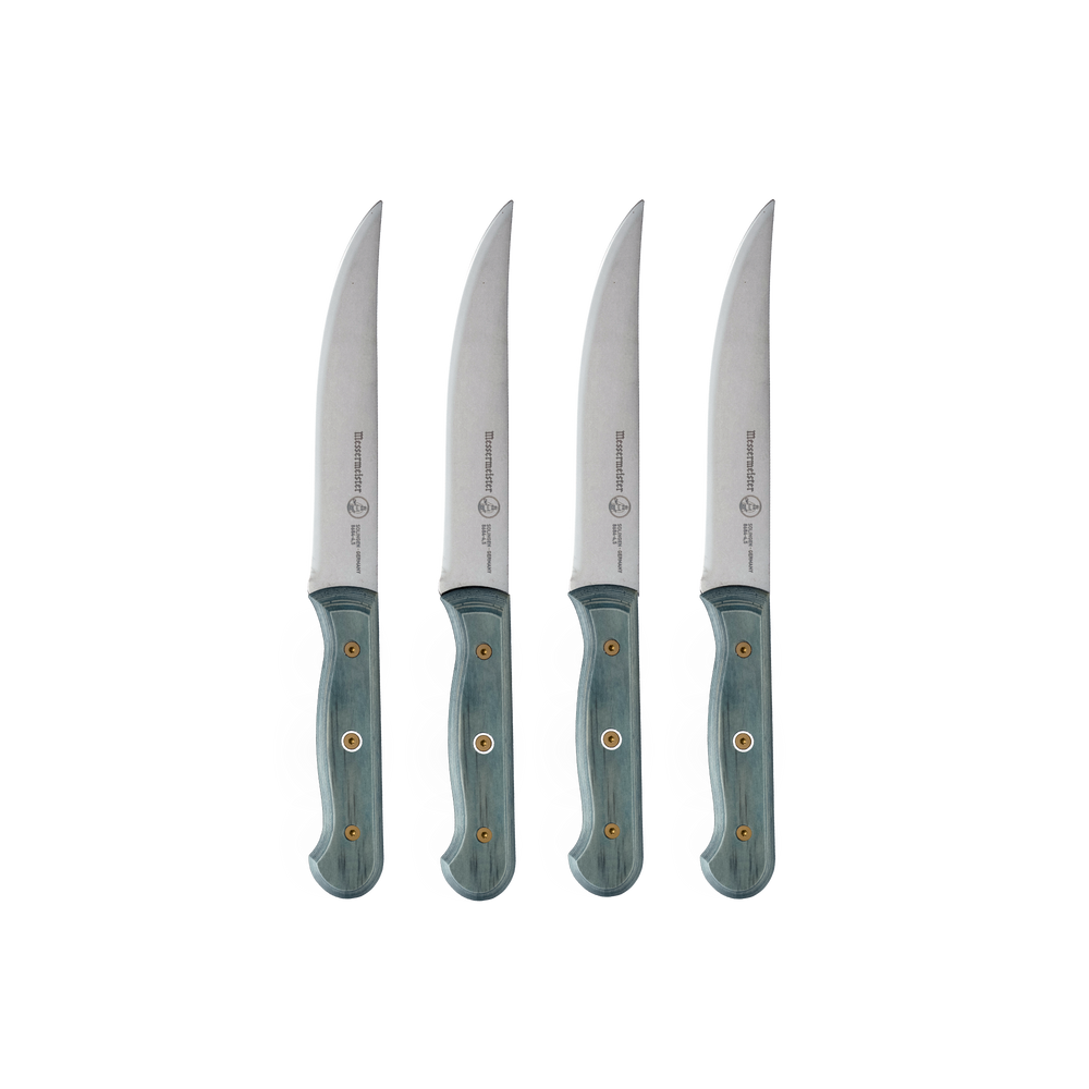 Messermeister Custom Blue 4 Piece Steak Knife Set featuring four 5-inch premium stainless steel steak knives with custom blue handles, precision straight-edge blades, and ergonomic grip design, ideal for elegant dining and effortless steak cutting.