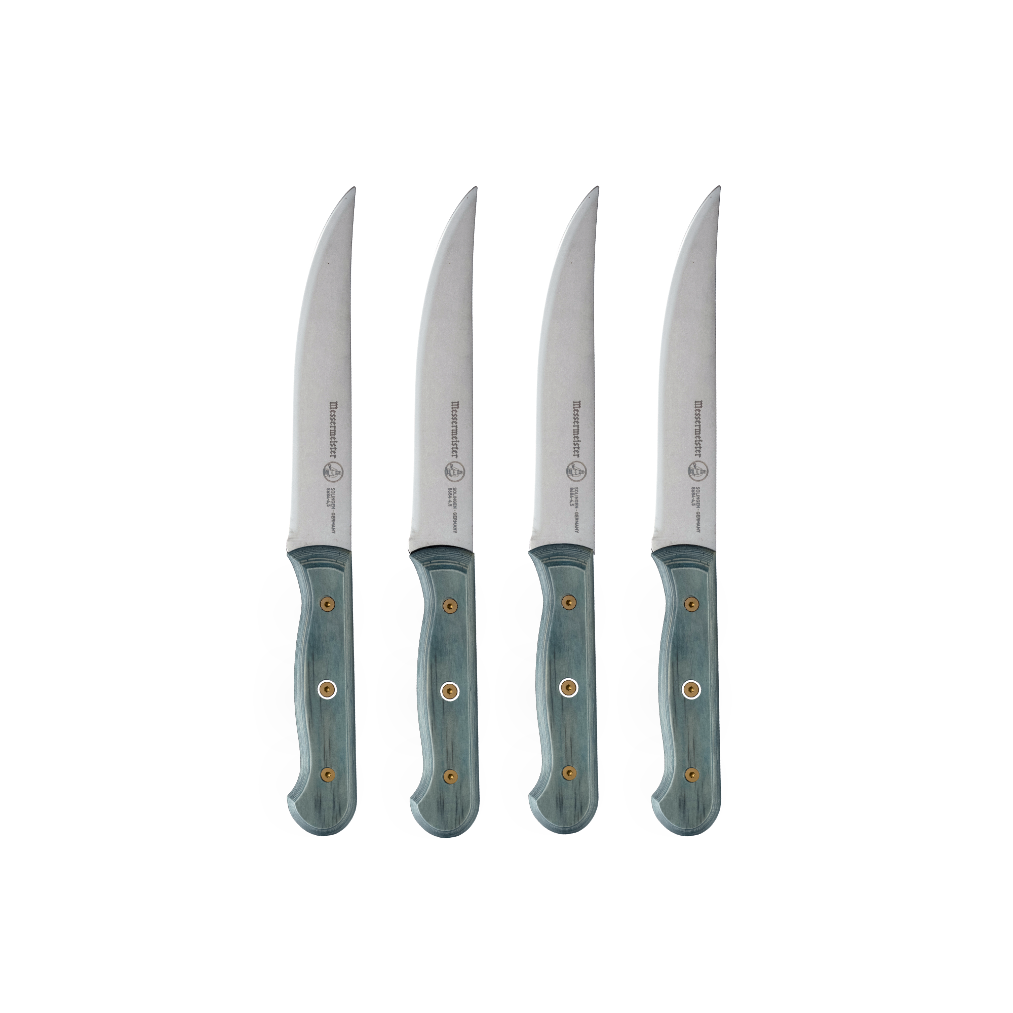 Messermeister Custom Blue 4 Piece Steak Knife Set featuring four 5-inch premium stainless steel steak knives with custom blue handles, precision straight-edge blades, and ergonomic grip design, ideal for elegant dining and effortless steak cutting.