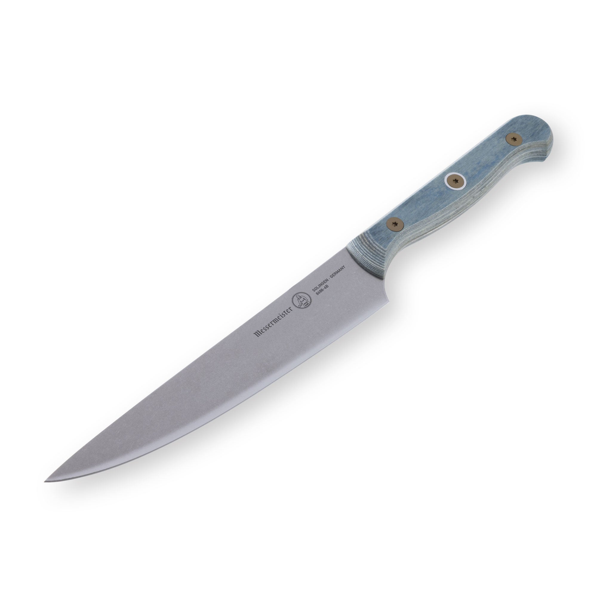 Angled-down view of Messermeister Custom Blue 6-inch utility knife showcasing precision stainless steel blade and ergonomic blue handle