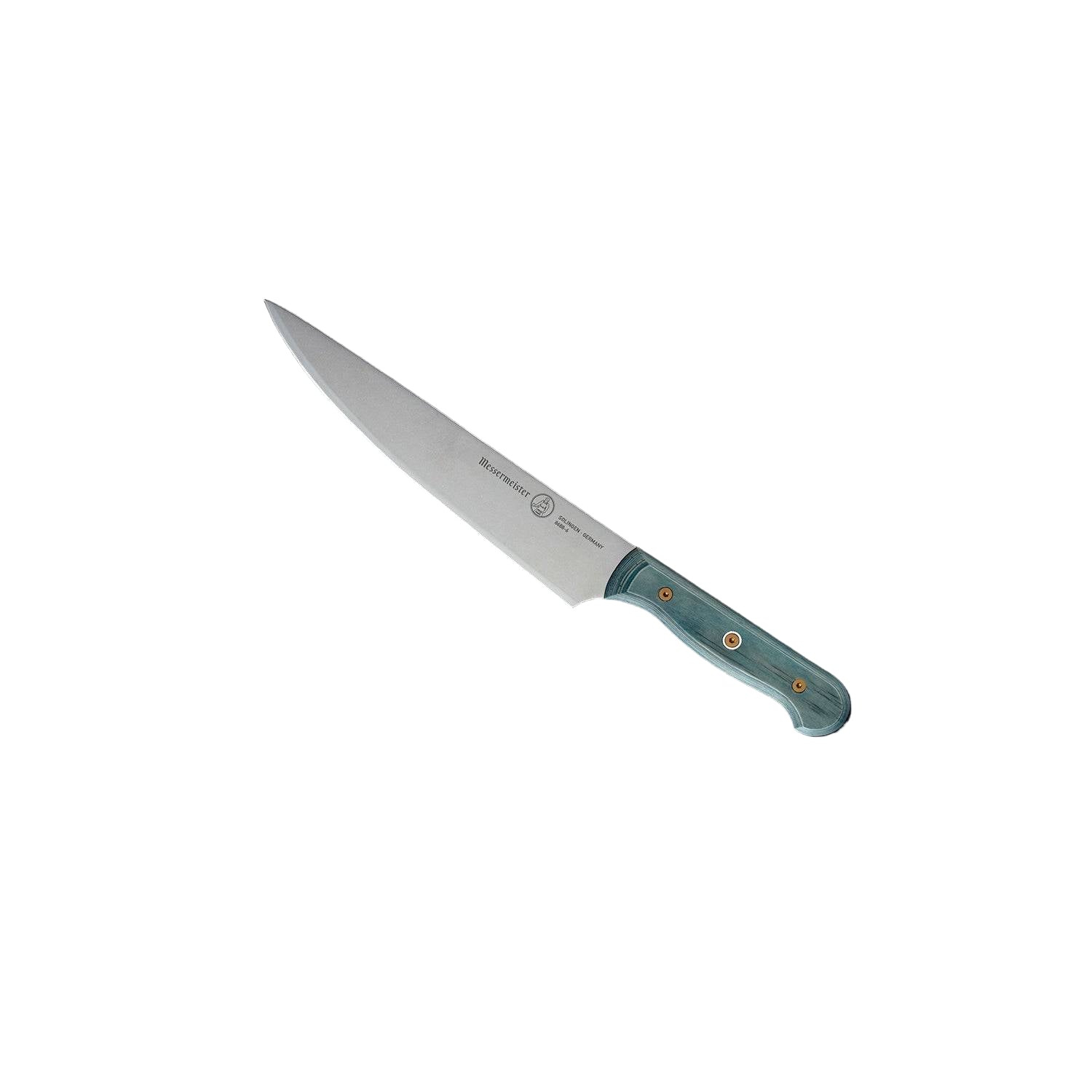 Angled-up full view of Messermeister Custom Blue 6-inch utility knife showcasing precision stainless steel blade and ergonomic blue textured handle