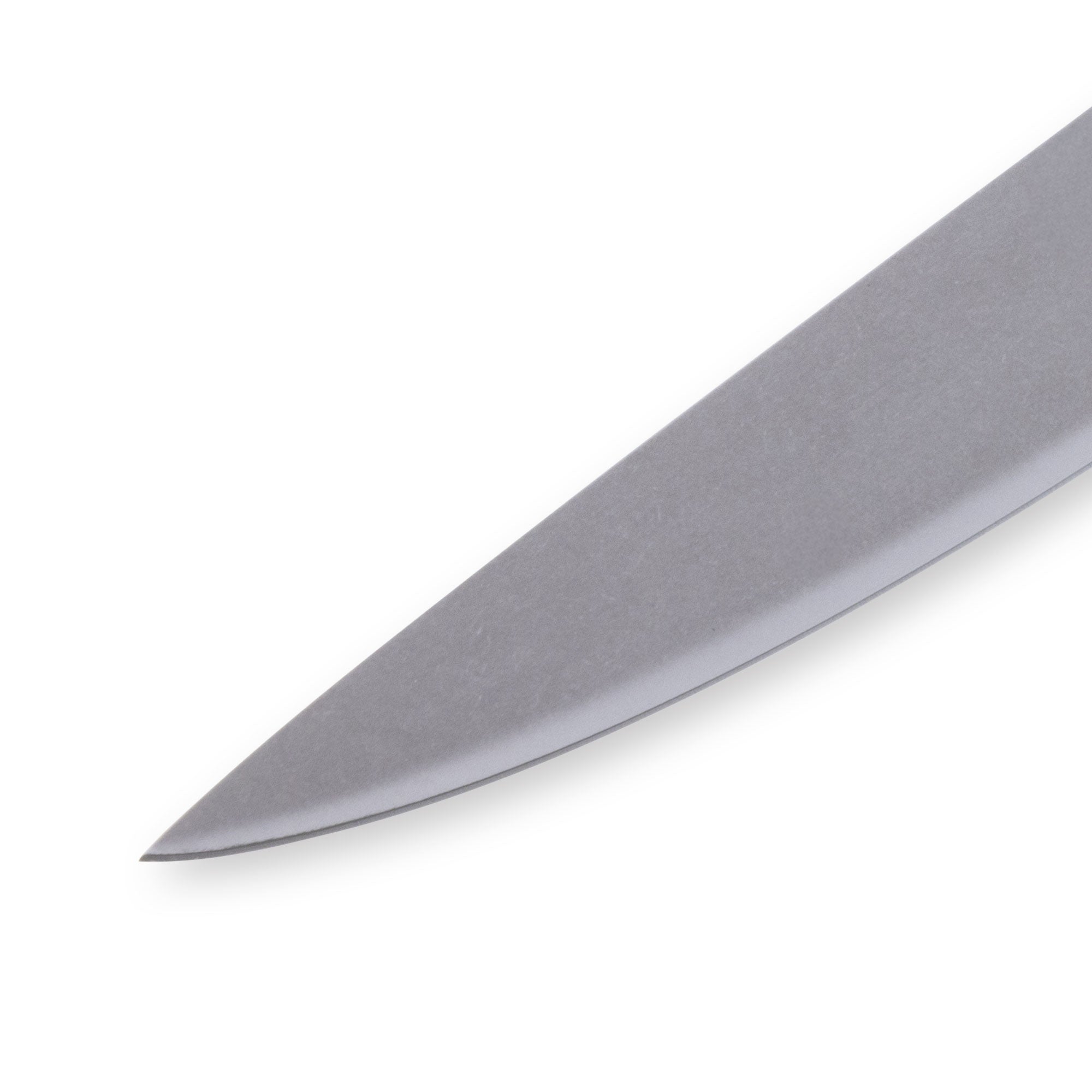 Close-up of Messermeister Custom Blue 6-inch utility knife tip highlighting sharp stainless steel cutting edge and precision point