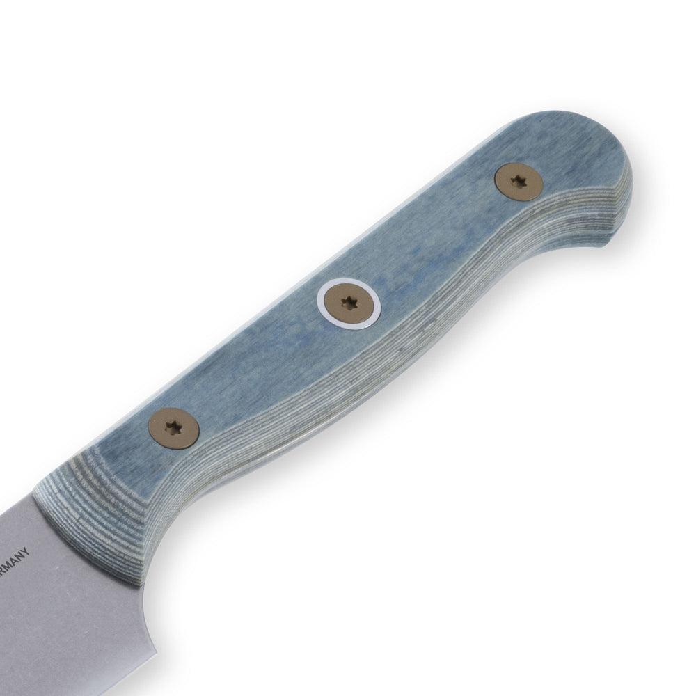 Detail view of Messermeister Custom Blue 6-inch utility knife handle showing blue textured surface and comfortable grip design