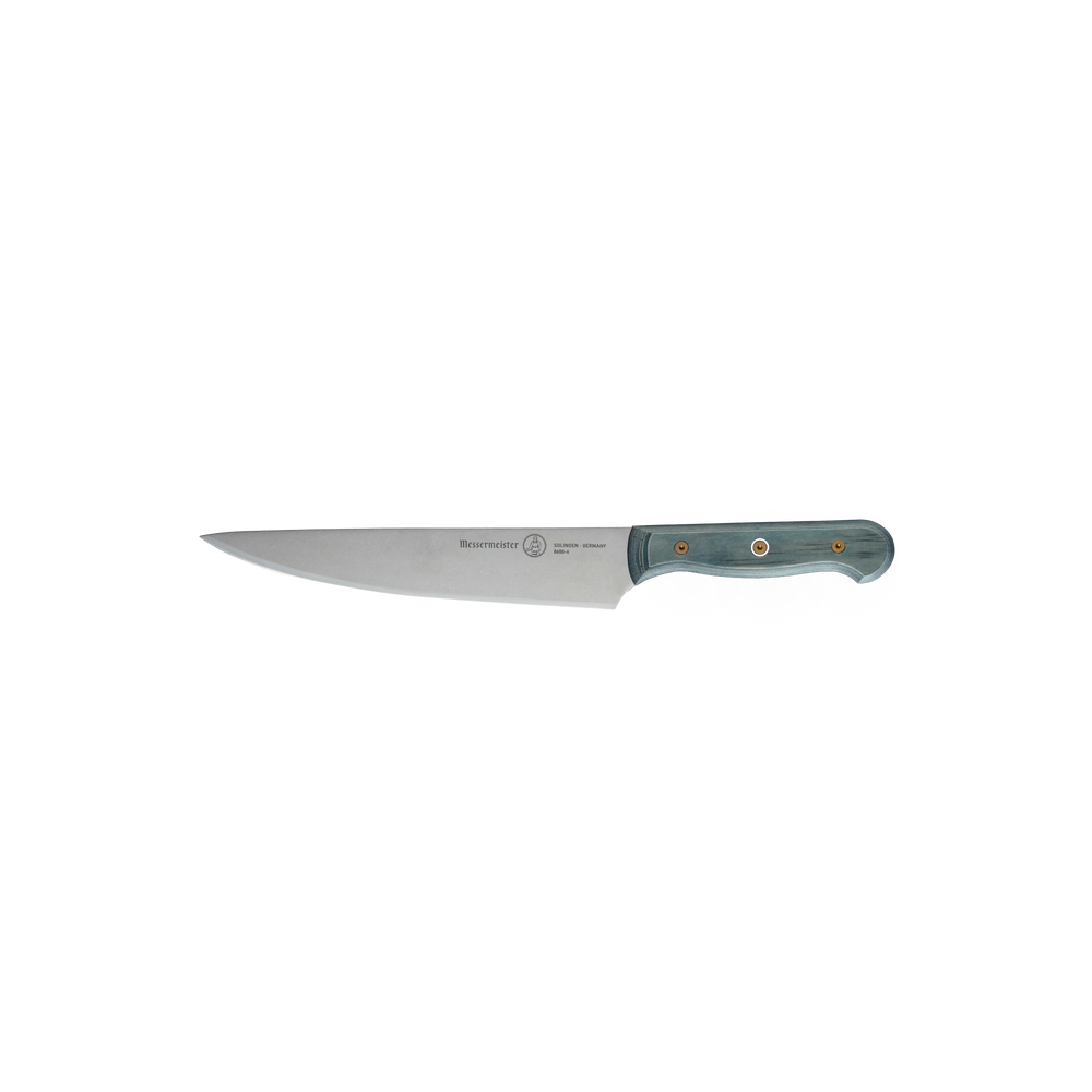 Side view of Messermeister Custom Blue 6-inch utility knife showcasing precision stainless steel blade and ergonomic blue handle