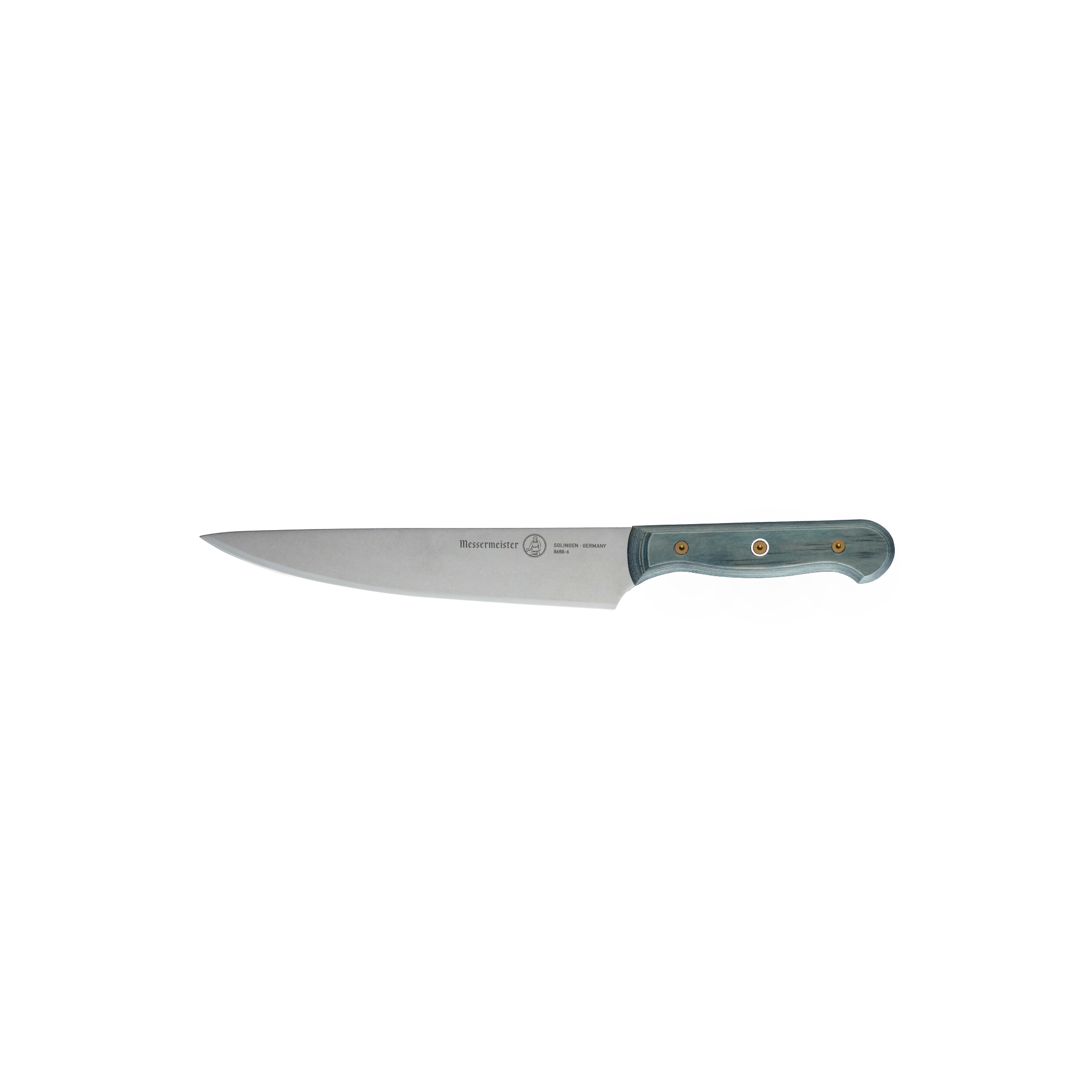 Side view of Messermeister Custom Blue 6-inch utility knife showcasing precision stainless steel blade and ergonomic blue handle