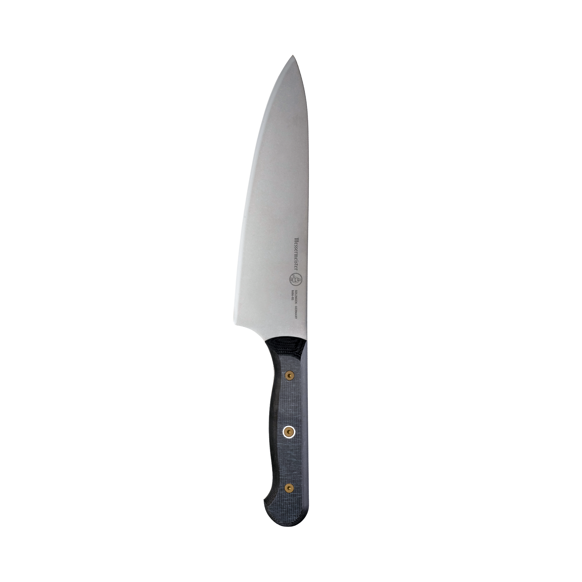  Messermeister Custom 8-inch chef’s knife with sharp stainless steel blade and balanced kitchen design