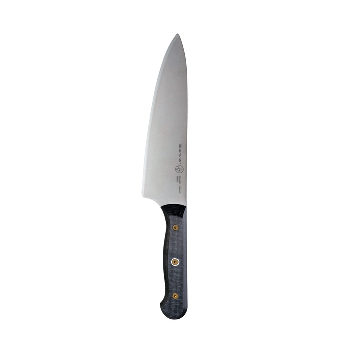 Messermeister Custom 8-inch chef’s knife with sharp stainless steel blade and balanced kitchen design