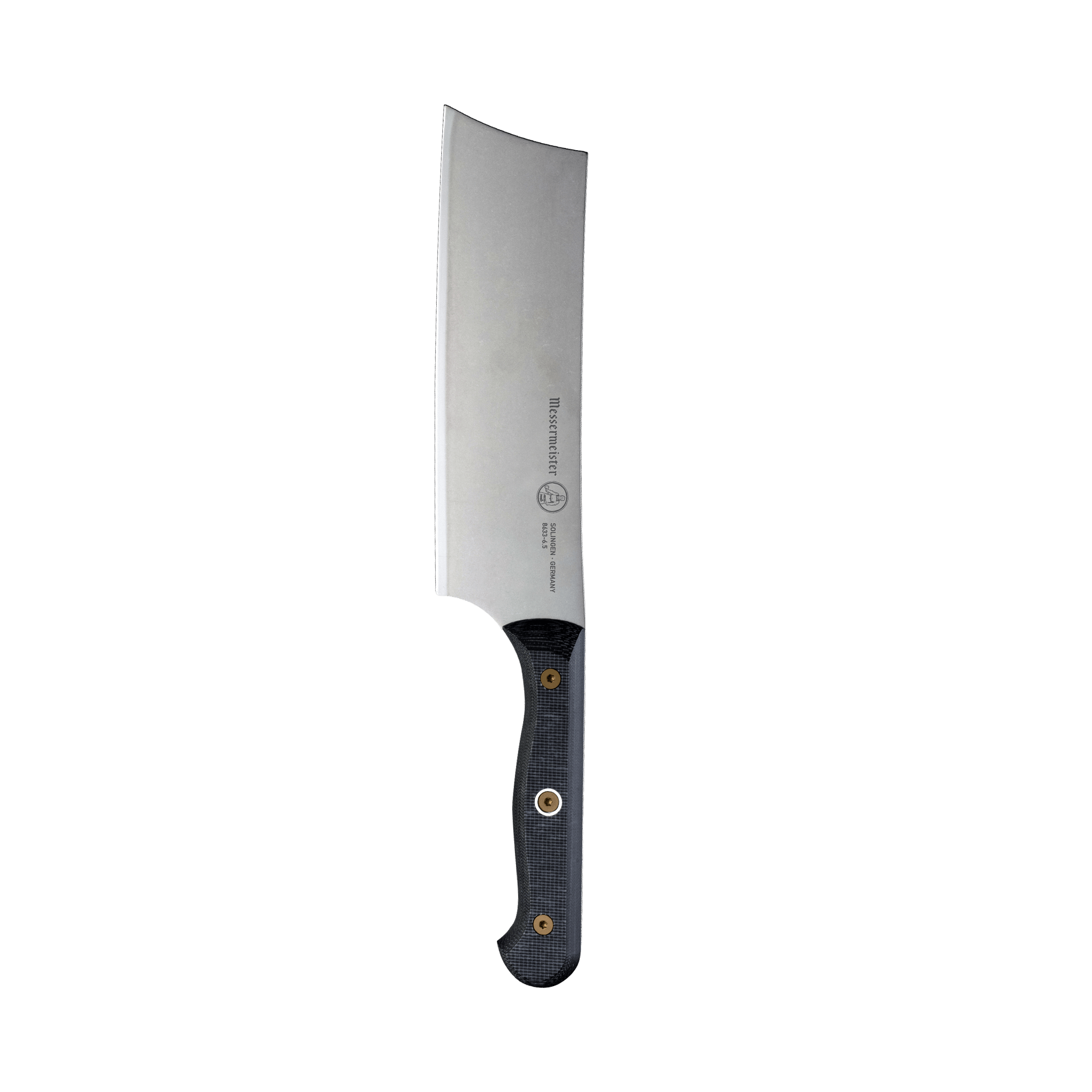 Messermeister Custom 6.5-inch nakiri knife with wide straight blade and ergonomic handle for chopping vegetables