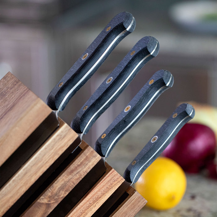 Messermeister custom 5-piece knife block set with premium stainless steel kitchen knives in a wooden block