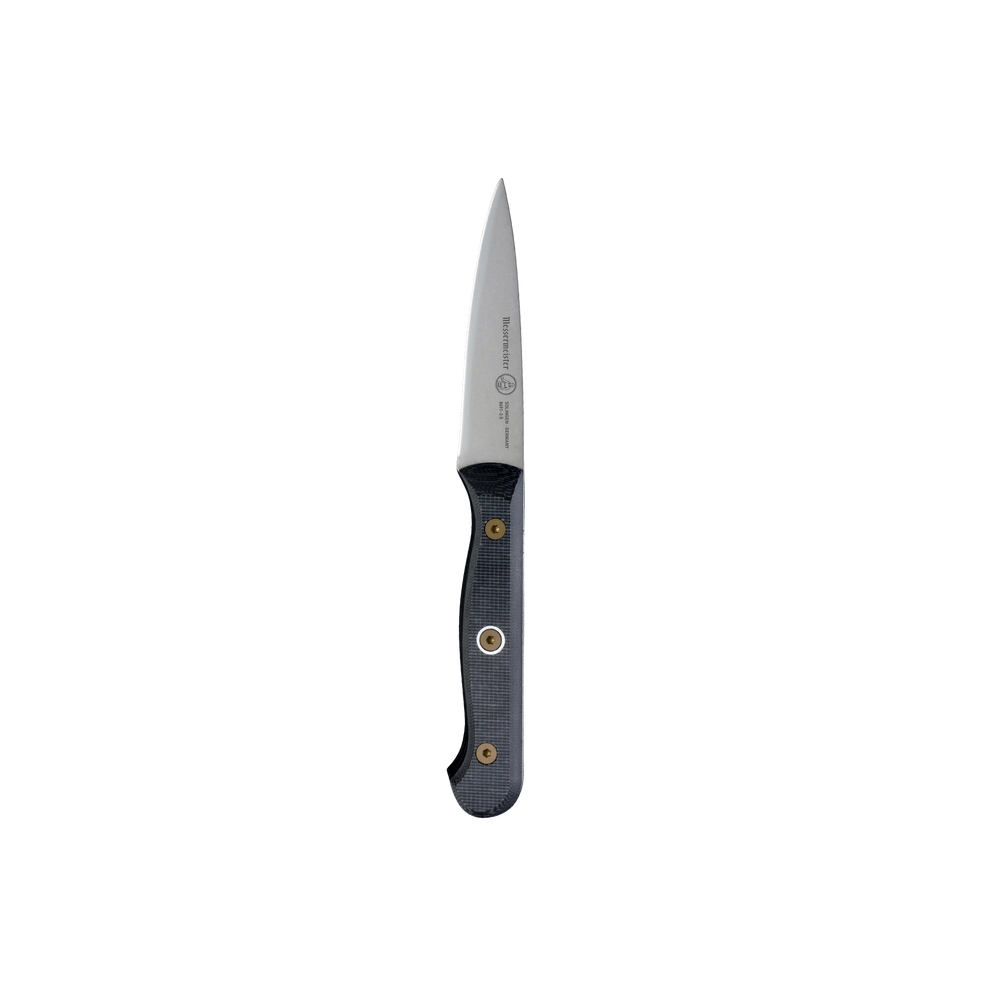 Messermeister custom utility knife featuring durable linen Micarta handle and precision stainless steel blade