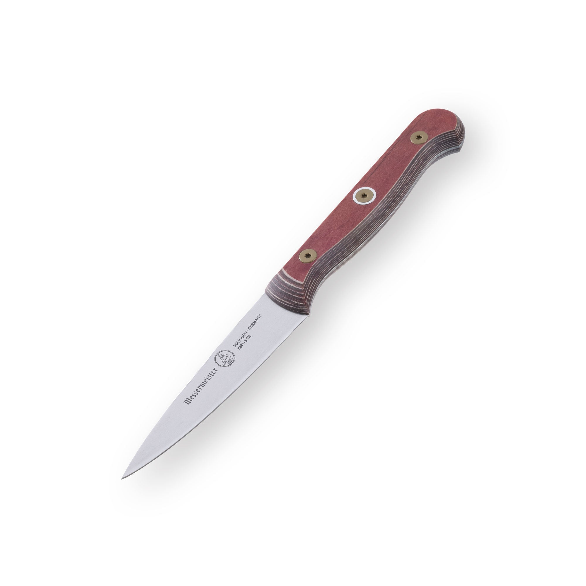Angled-down view of the Messermeister Custom Red 3.5-inch Paring Knife showing precision stainless steel blade and ergonomic red handle for controlled detail cutting