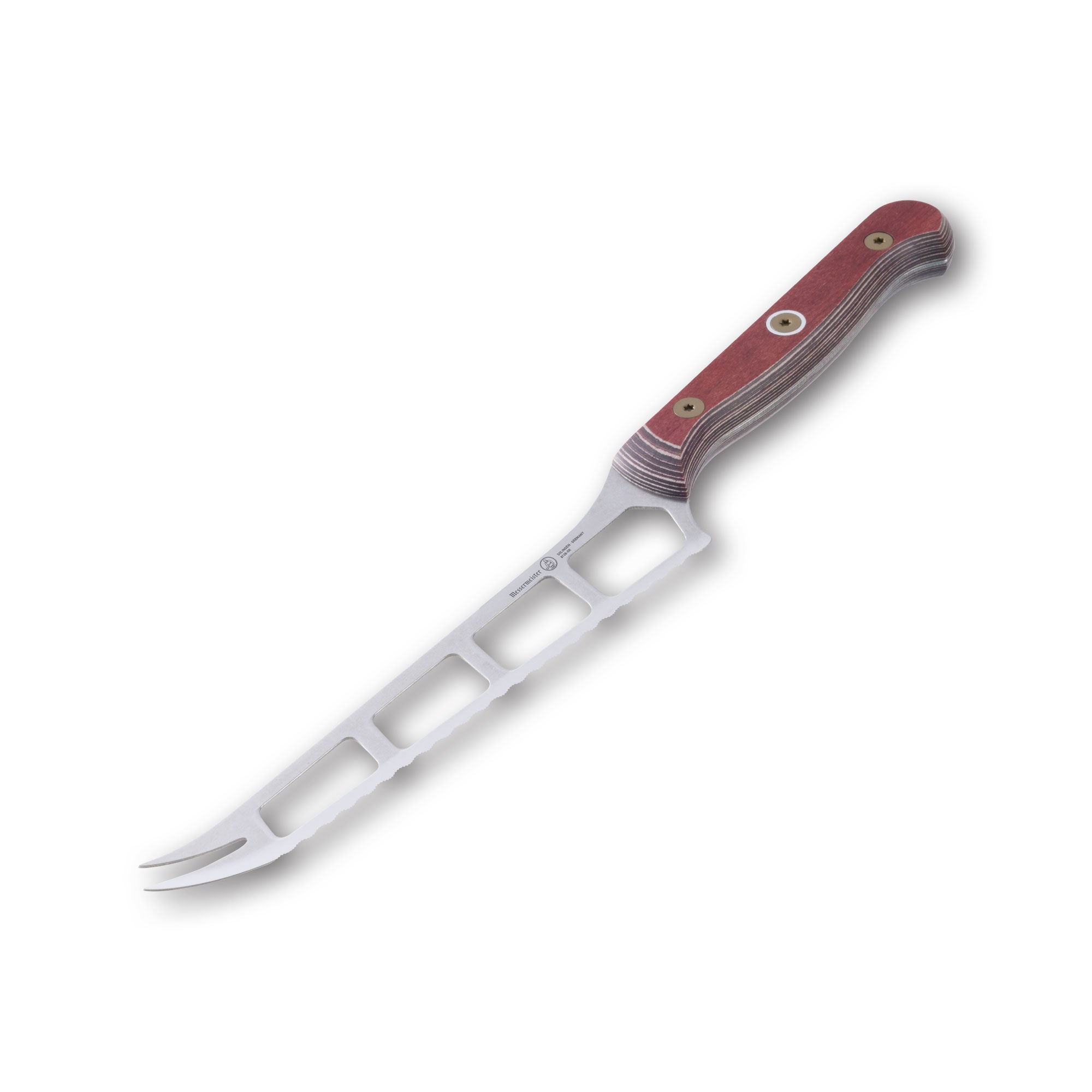 Angled-down view of the Messermeister Custom Red 5-inch Cheese & Tomato Knife showing serrated stainless steel blade, forked tip, and ergonomic red handle
