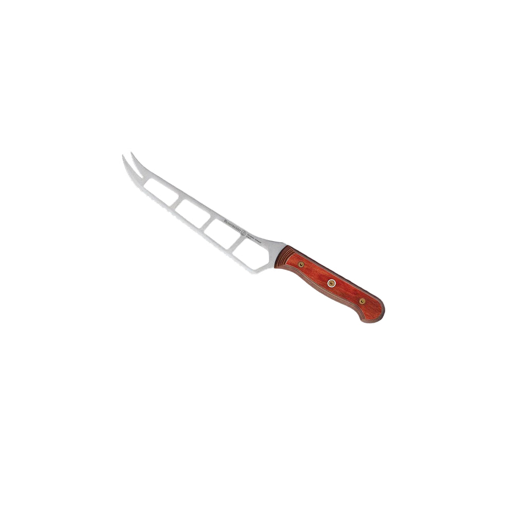 Angled-up view of the Messermeister Custom Red 5-inch Cheese & Tomato Knife highlighting serrated stainless steel blade, forked prong tip, and ergonomic red handle