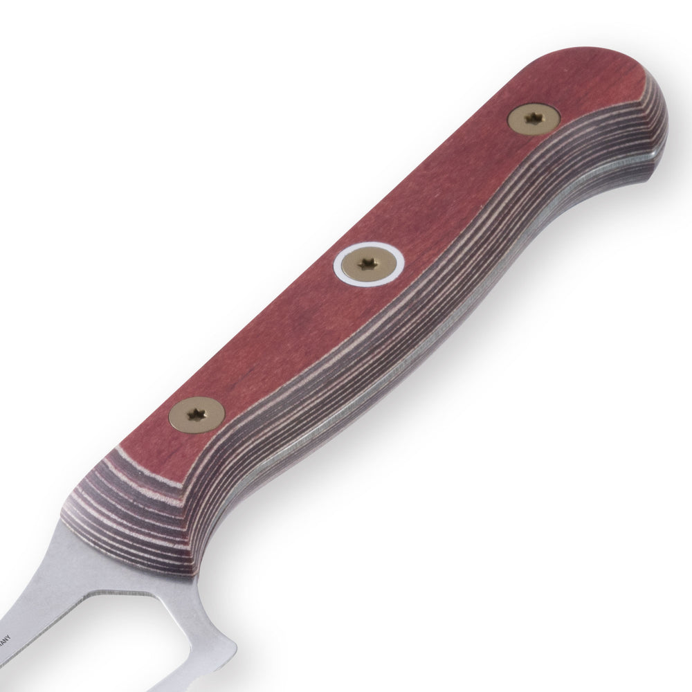 Close-up of the ergonomic red handle on the Messermeister Custom Red 5-inch Cheese & Tomato Knife, showing textured grip and sleek full-tang design
