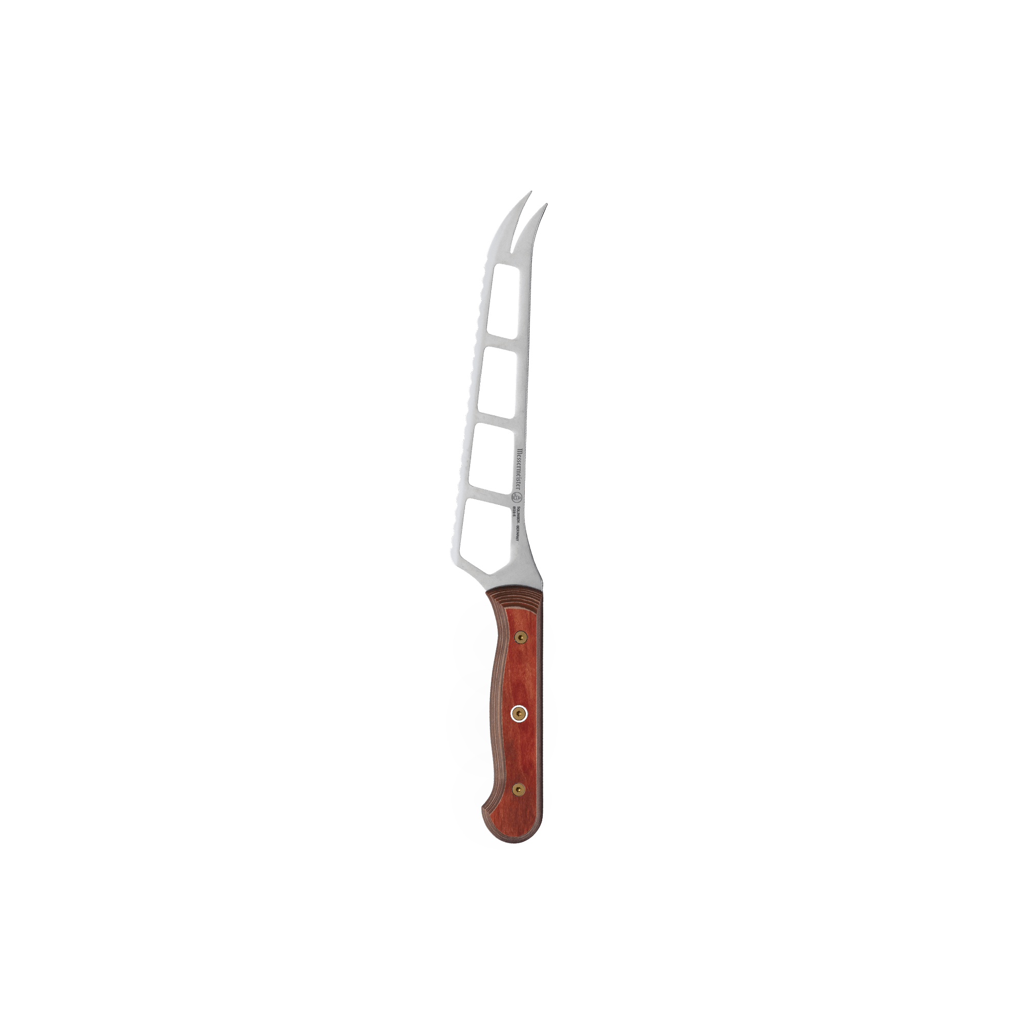 Messermeister Custom Red 5-inch Cheese & Tomato Knife with serrated stainless steel blade, forked tip, and ergonomic red handle for slicing soft foods cleanly