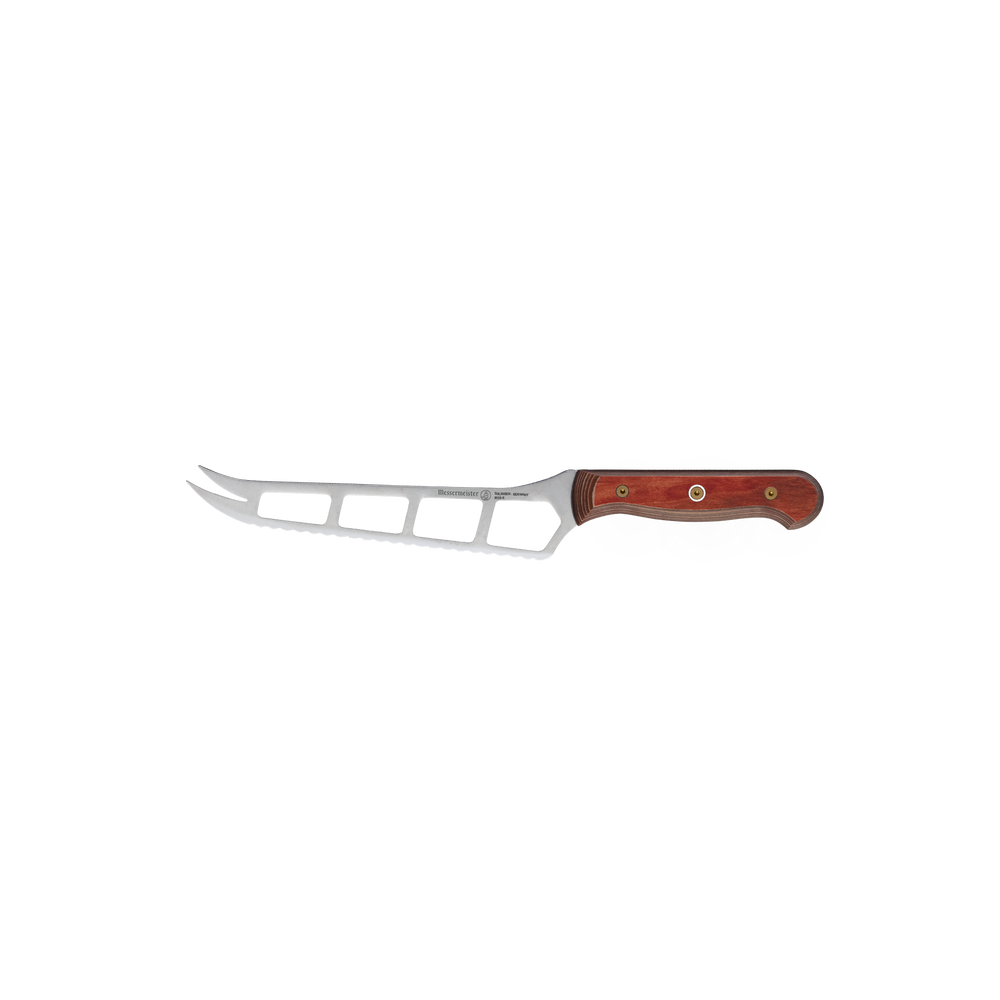 Side view of Messermeister Custom Red 5-inch Cheese & Tomato Knife with serrated stainless steel blade, forked tip, and ergonomic red handle for precise slicing