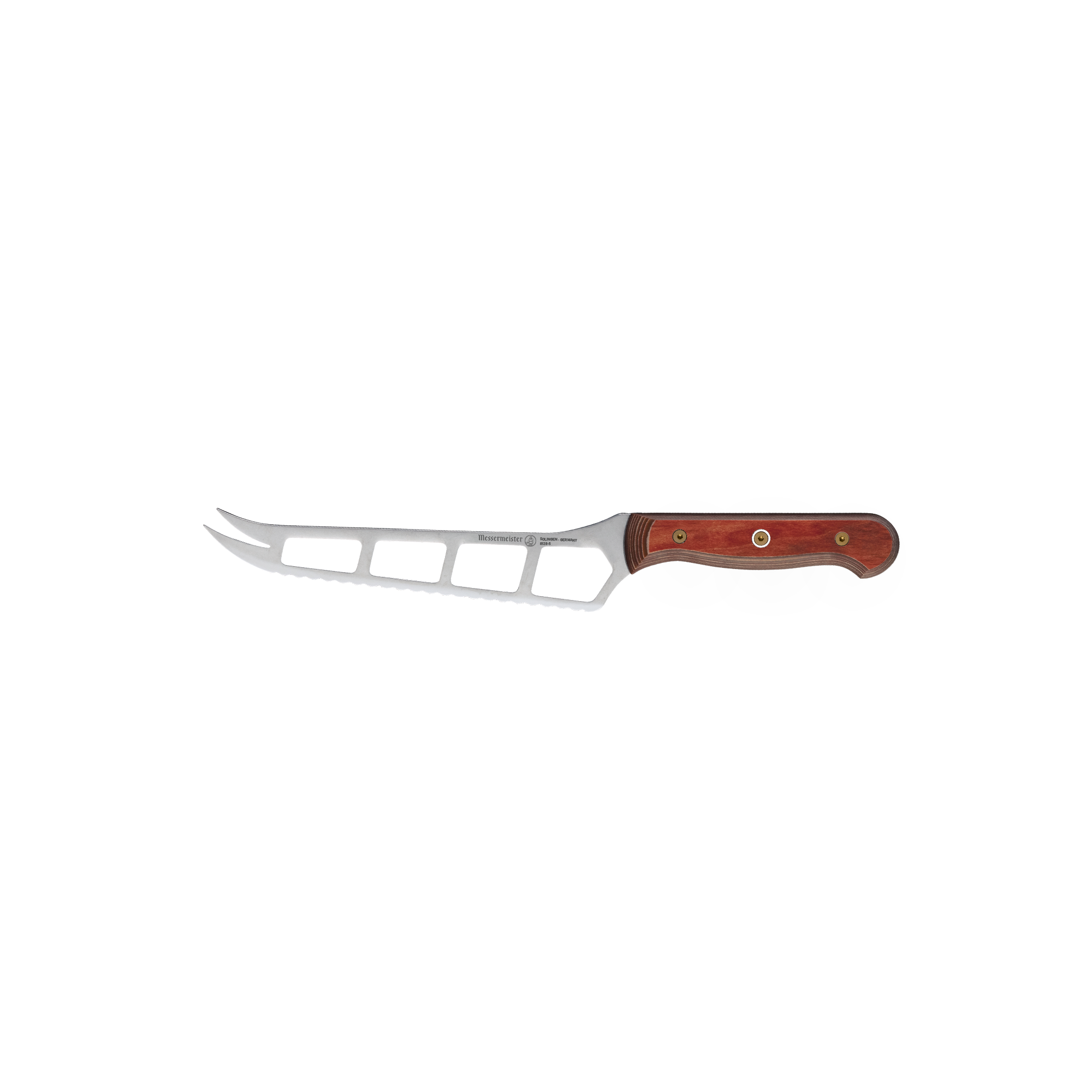 Side view of Messermeister Custom Red 5-inch Cheese & Tomato Knife with serrated stainless steel blade, forked tip, and ergonomic red handle for precise slicing