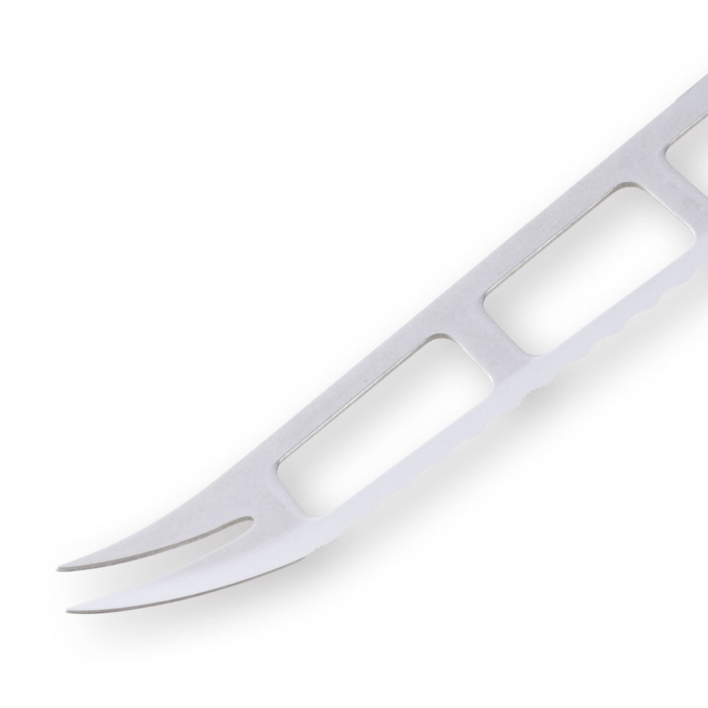 Close-up of the forked cheese prongs on the tip of the Messermeister Custom Red 5-inch Cheese & Tomato Knife with serrated stainless steel blade detail.