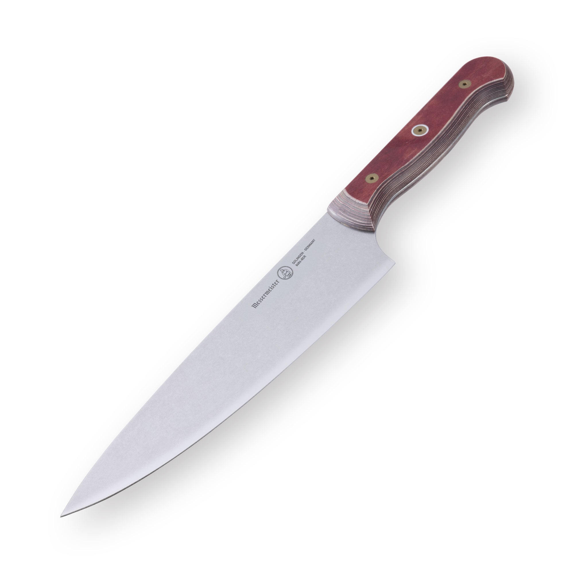 8-inch Messermeister Custom Red chef’s knife shown at a downward angle, featuring a polished stainless steel blade and a bold red ergonomic handle. The blade tapers to a sharp point, with the angle emphasizing its curve, edge refinement, and professional kitchen craftsmanship