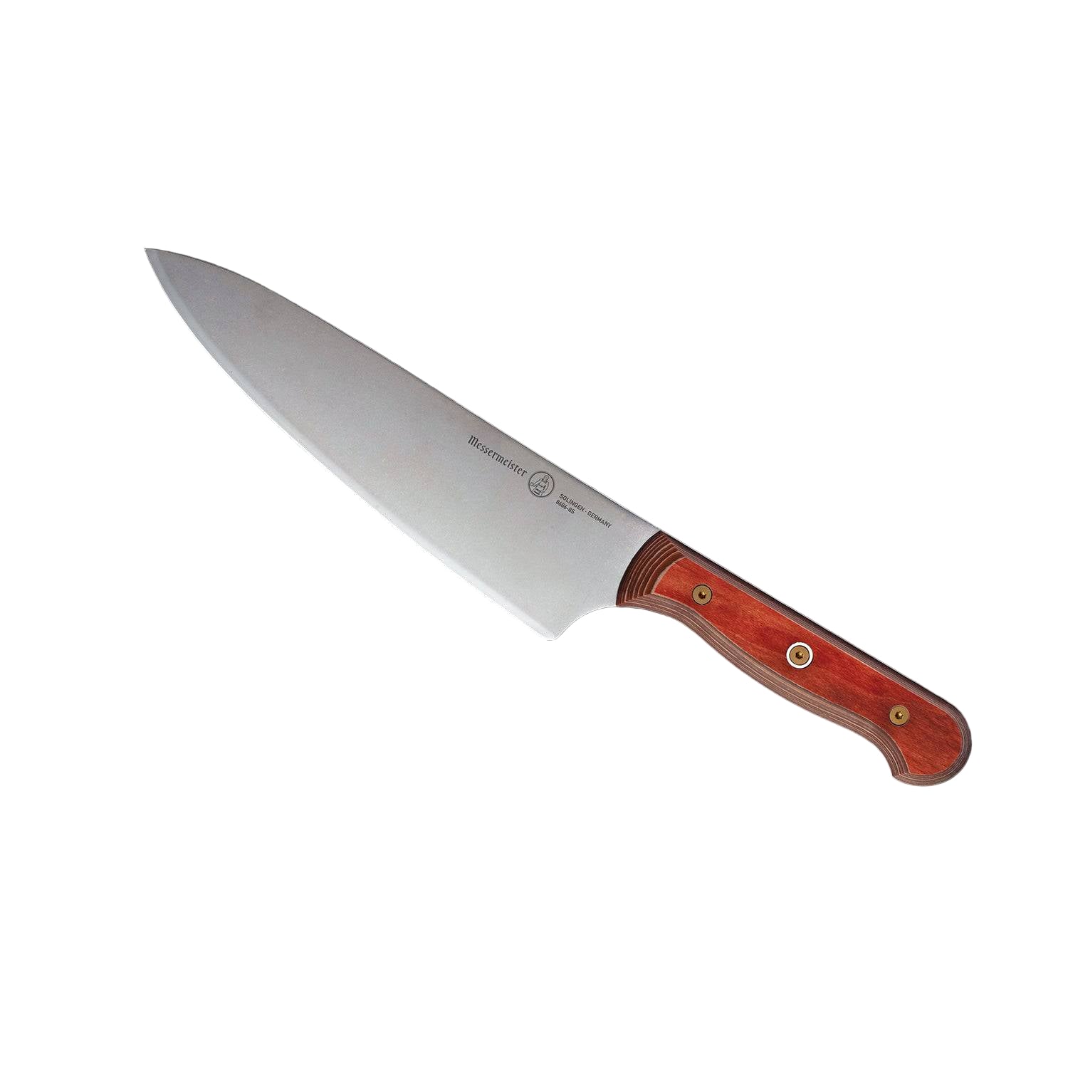 Full 8-inch Messermeister Custom Red chef’s knife shown at an upward angle, highlighting the polished stainless steel blade, tapered tip, and bold red ergonomic handle.