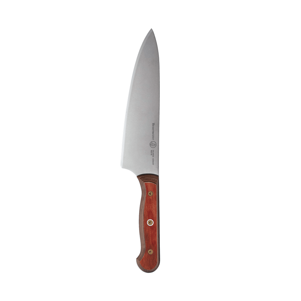 Messermeister Custom Red 8-inch chef’s knife featuring a broad high-carbon stainless steel blade with a satin finish, paired with a striking red ergonomic handle, full-tang construction, and a sleek modern design